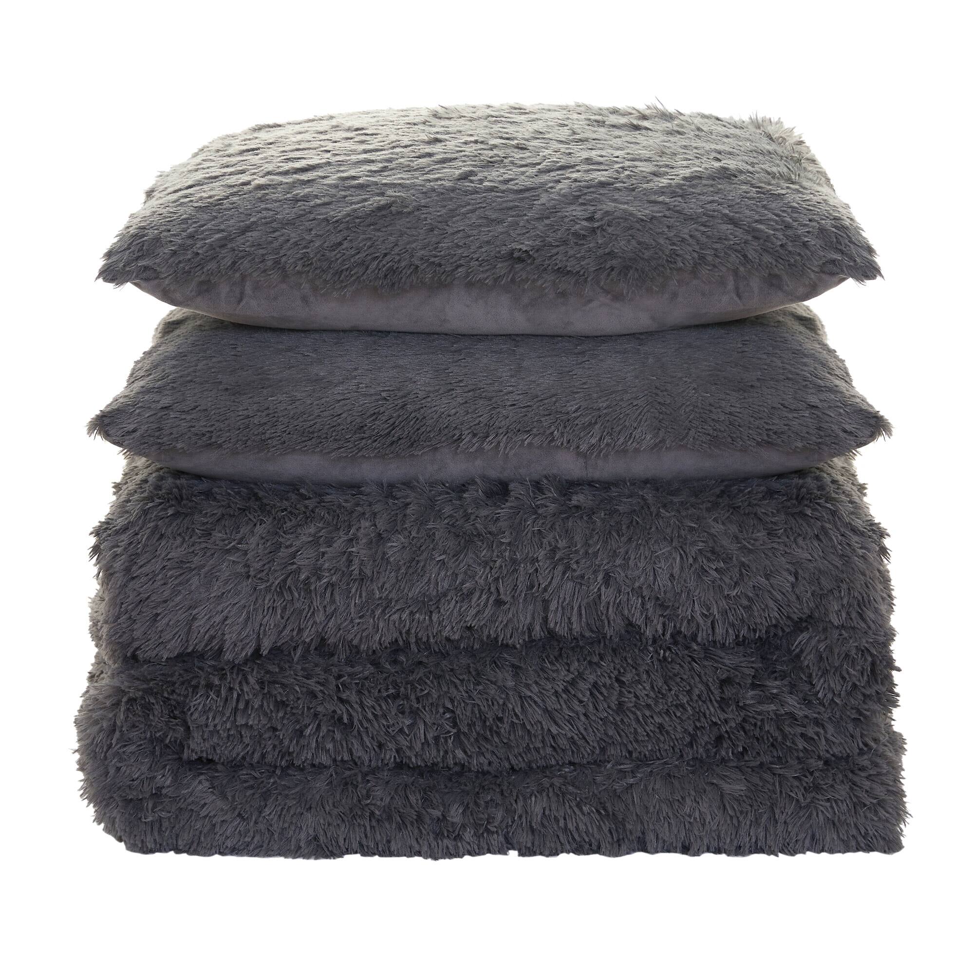Angle. Sweet Home Collection - 3 Piece Plush Shaggy Comforter  and Pillow Sham, Ultra Soft Faux Fur Decorative Bedding - Queen - Dark Gray.