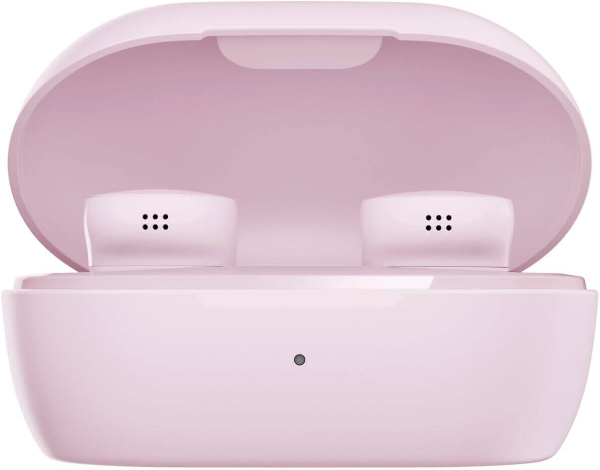 The image shows a pair of pink wireless earbuds in an open charging case.