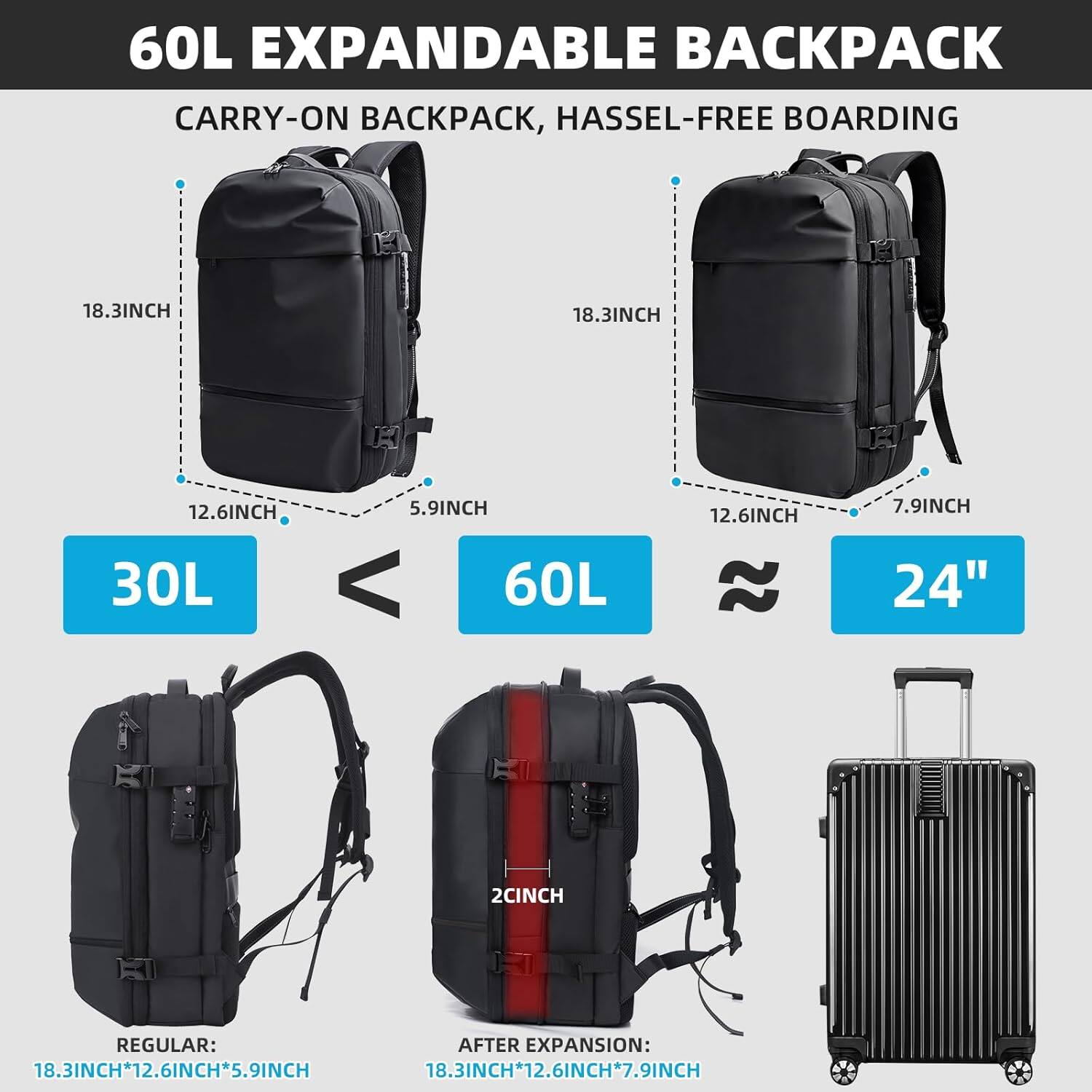 60L EXPANDABLE BACKPACK  
CARRY-ON BACKPACK, HASSLE-FREE BOARDING  

30L  
18.3INCH * 12.6INCH * 5.9INCH  

60L  
18.3INCH * 12.6INCH * 7.9INCH  

24"  

REGULAR:  
18.3INCH * 12.6INCH * 5.9INCH  

AFTER EXPANSION:  
18.3INCH * 12.6INCH * 7.9INCH
