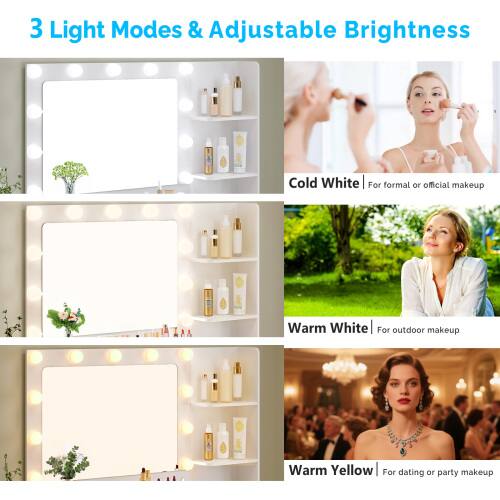 3 Light Modes & Adjustable Brightness

- Cold White: For formal or official makeup
- Warm White: For outdoor makeup
- Warm Yellow: For dating or party makeup