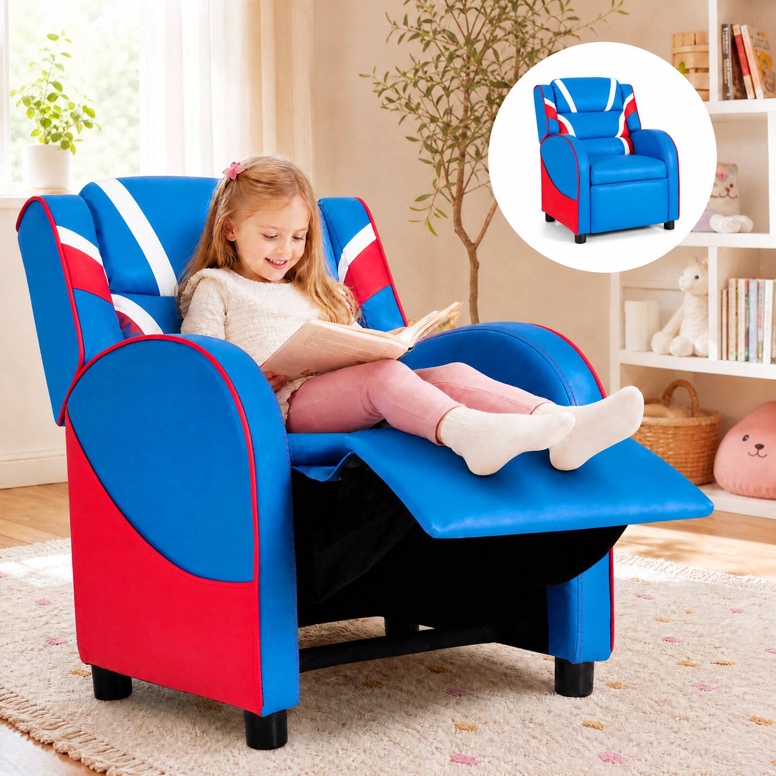 Alt View 4. Costway - Kids Recliner Chair Gaming Sofa PU Leather Armchair w/Side Pockets Blue - Blue.