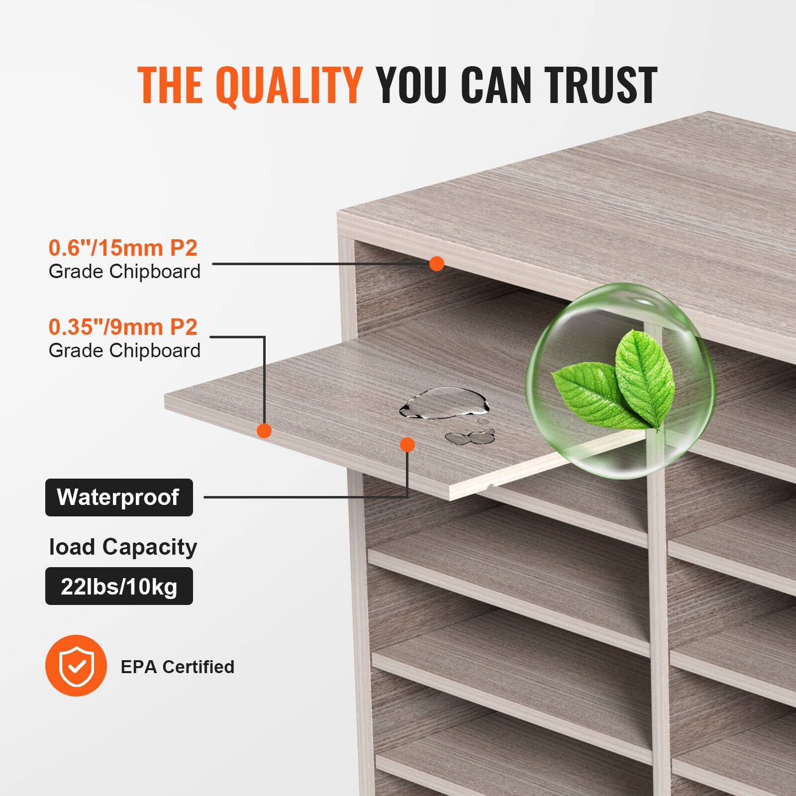 THE QUALITY YOU CAN TRUST

0.6"/15mm P2 Grade Chipboard  
0.35"/9mm P2 Grade Chipboard  

Waterproof  
Load Capacity 22lbs/10kg  

EPA Certified