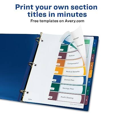 Print your own section titles in minutes  
Free templates on Avery.com  

1. Induction Overview  
2. Policies  
3. Compensation  
4. Medical Benefits  
5. Dental Plan  
6. Savings Plan  
7. Profit Sharing