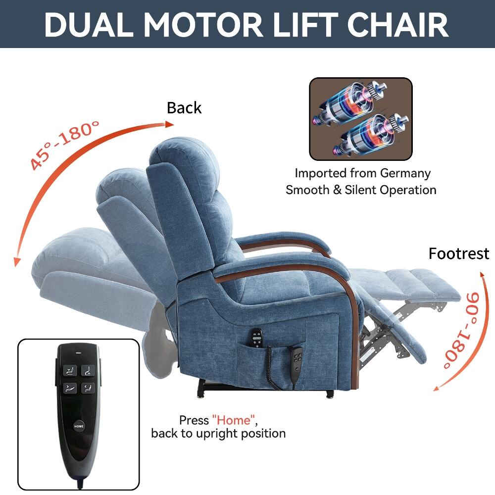 DUAL MOTOR LIFT CHAIR

45°-180° HOME

Back
Imported from Germany
Smooth & Silent Operation

Footrest
90°-180°

Press "Home", back to upright position