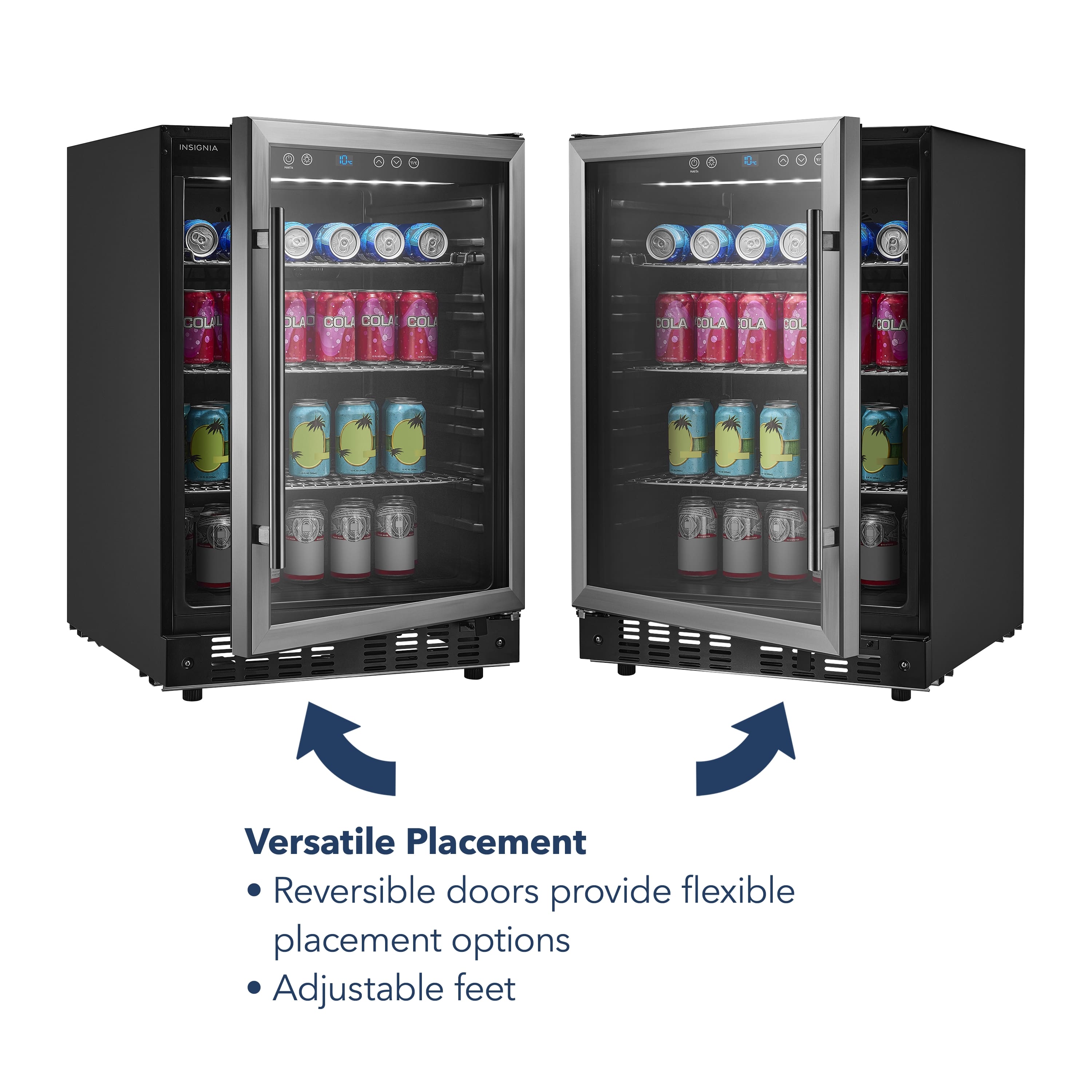 Versatile Placement: Reversible doors provide flexible placement options. Adjustable feet.