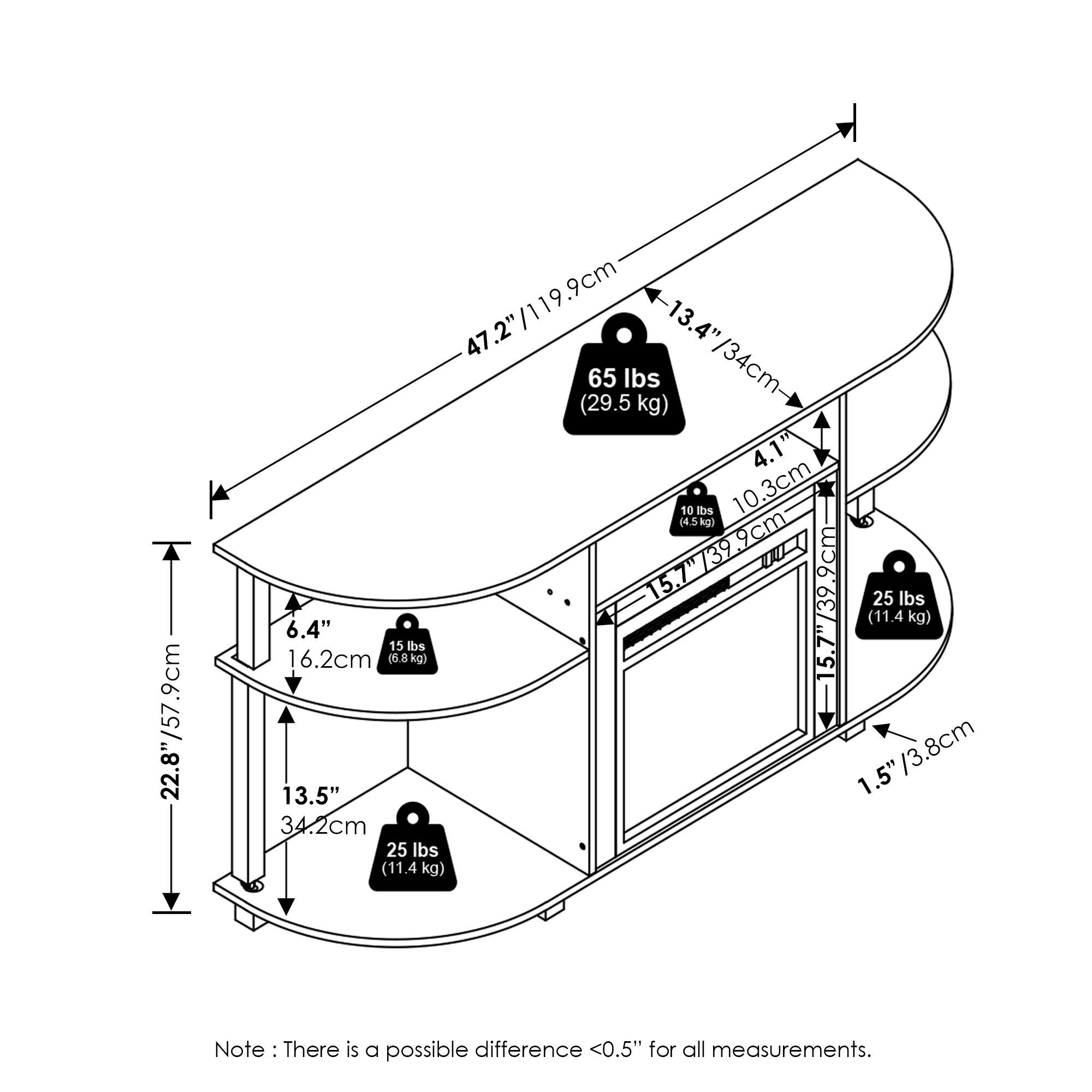 - 22.8"/57.9cm
- 9cm
- 47.2"/119.9cm
- 47
- 13.4"/34cm
- 13.4"
- 65 lbs / 29.5 kg
- 4.1"
- 10.3cm (4.5 kg)
- 139.9cm
- 2.9cm
- 15.7"
- 39
- 25 lbs (11.4 kg)
- 6.4"
- 16.2cm (6.8 kg)
- 15.7
- 13.5"
- 1.5"/3.8cm
- 1.5"
- 34.2cm
- 25 lbs (11.4 kg)

Note: There is a possible difference <0.5" for all measurements.