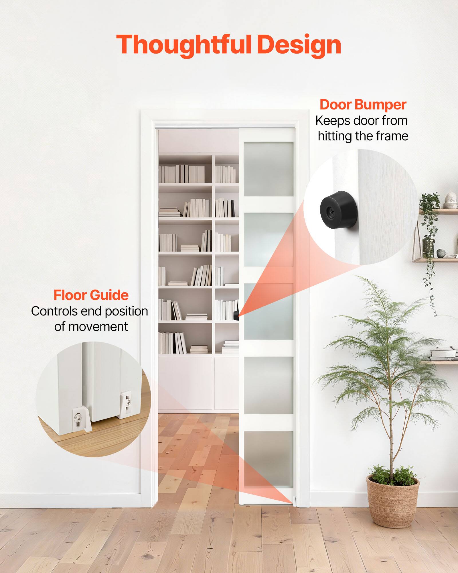 Thoughtful Design  
Door Bumper  
Keeps door from hitting the frame  

Floor Guide  
Controls end position of movement