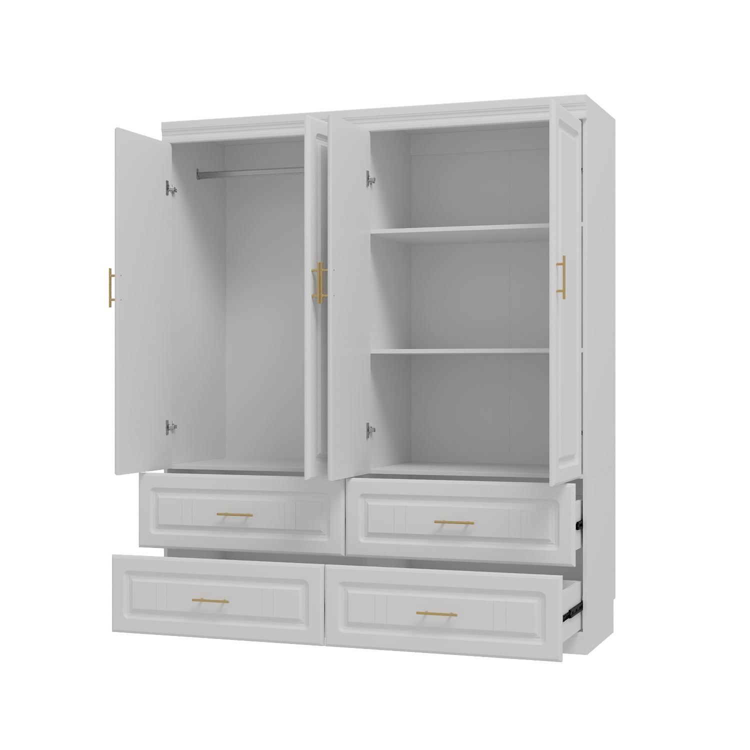 Alt View 7. FUFU & GAGA - Modern 63" 4-Door Wardrobe Armoire with Hanging Rail and 4 Drawers – White & Gold - White.