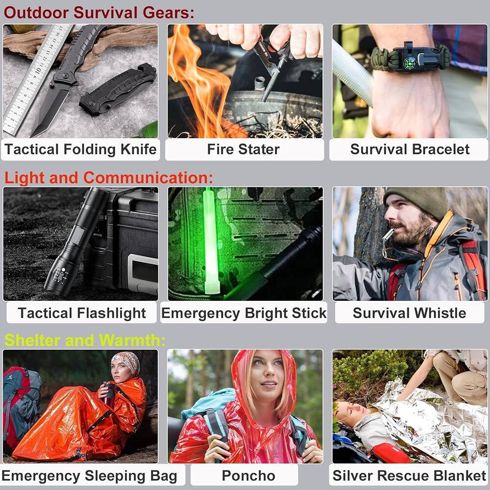 Outdoor Survival Gears:

- Tactical Folding Knife
- Fire Starter
- Survival Bracelet

Light and Communication:

- Tactical Flashlight
- Emergency Bright Stick
- Survival Whistle

Shelter and Warmth:

- Emergency Sleeping Bag
- Poncho
- Silver Rescue Blanket