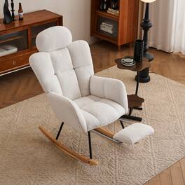 GOODSILO - Teddy Fabric Upholstered Nursery Rocking Chair with Pillow & Footrest, Modern Accent Armchair - Ivory