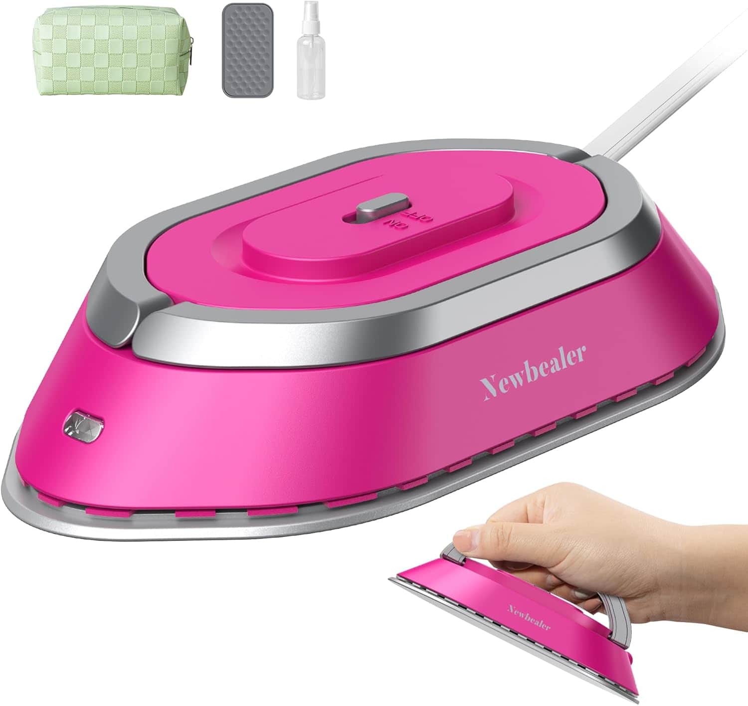 Newbealer - Dual Voltage Travel Iron,Mini Dry Iron for Clothes,302℉ Non-Stick Ceramic Soleplate, 0.8lbs Ultra-Lightweight - Hot Pink