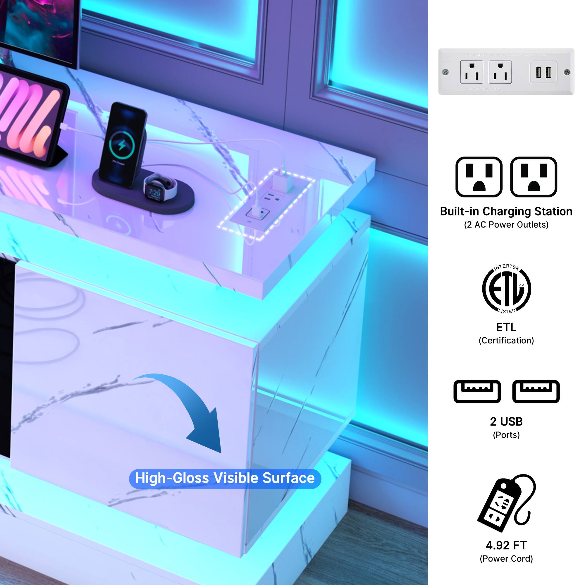 729 Built-in Charging Station (2 AC Power Outlets)  
INTERTEK ETL LISTED ETL (Certification)  
2 USB (Ports)  
High-Gloss Visible Surface  
4.92 FT (Power Cord)