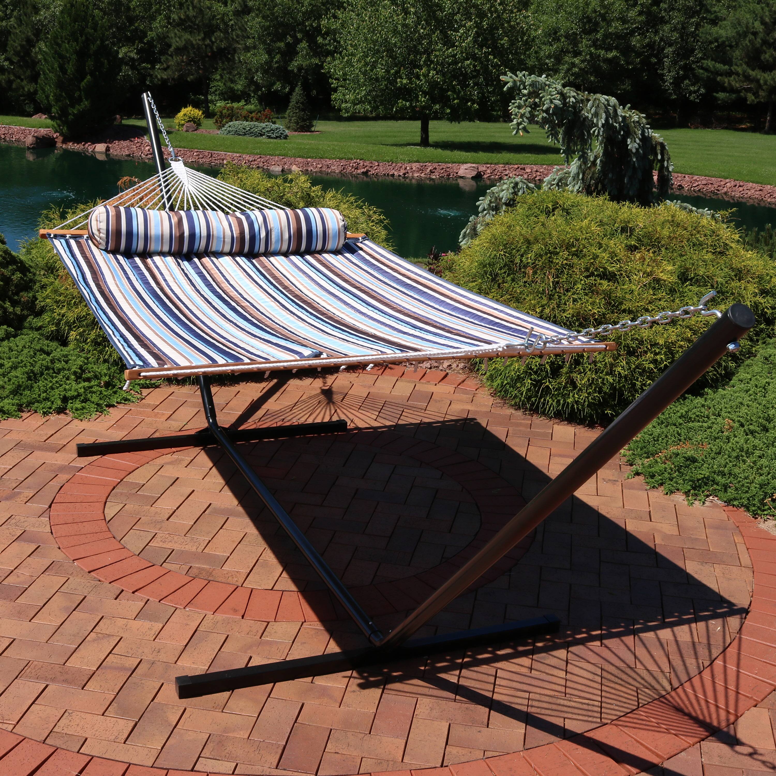 Alt View 2. Sunnydaze - Large Quilted Fabric Hammock with Steel Stand and Pillow - Ocean Isle.