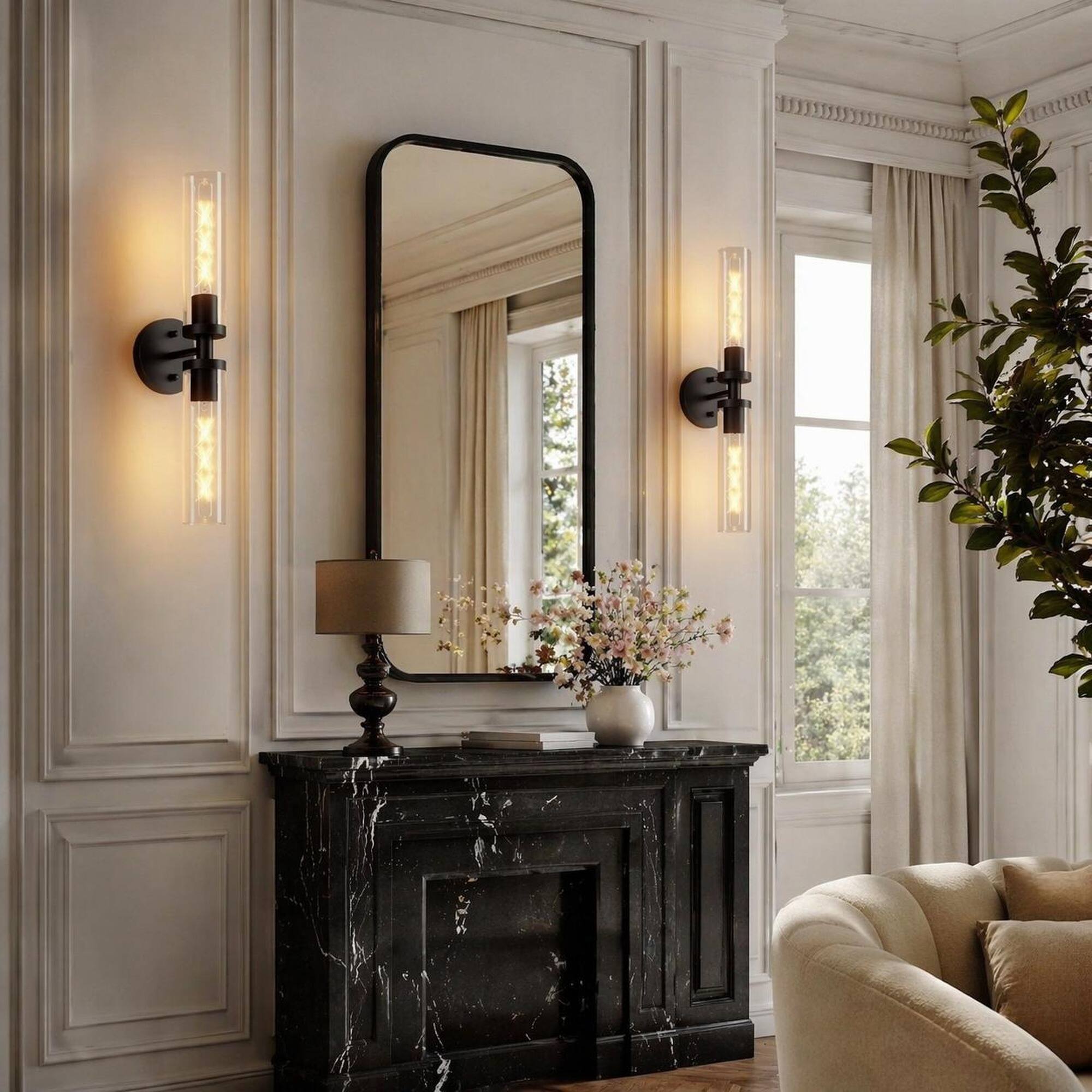 Alt View 2. RYHNUYNE - Pair of Hardwired Matte Black Wall Sconces with Clear Glass Shades for Bathroom Vanity, Hallway, and Bedroom Lighting.