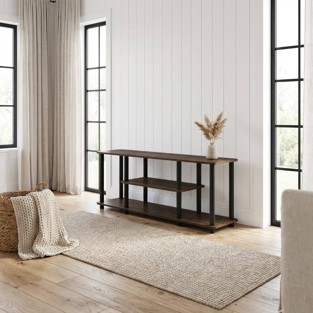Alt View 2. FurniFact - Walnut/Black TV Stand with 3-Tier Open Shelves and Modern Design - White.
