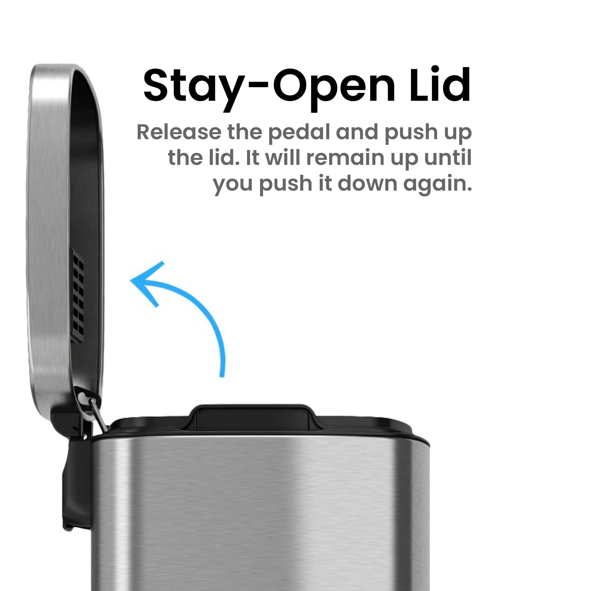 Stay-Open Lid

Release the pedal and push up the lid. It will remain up until you push it down again.