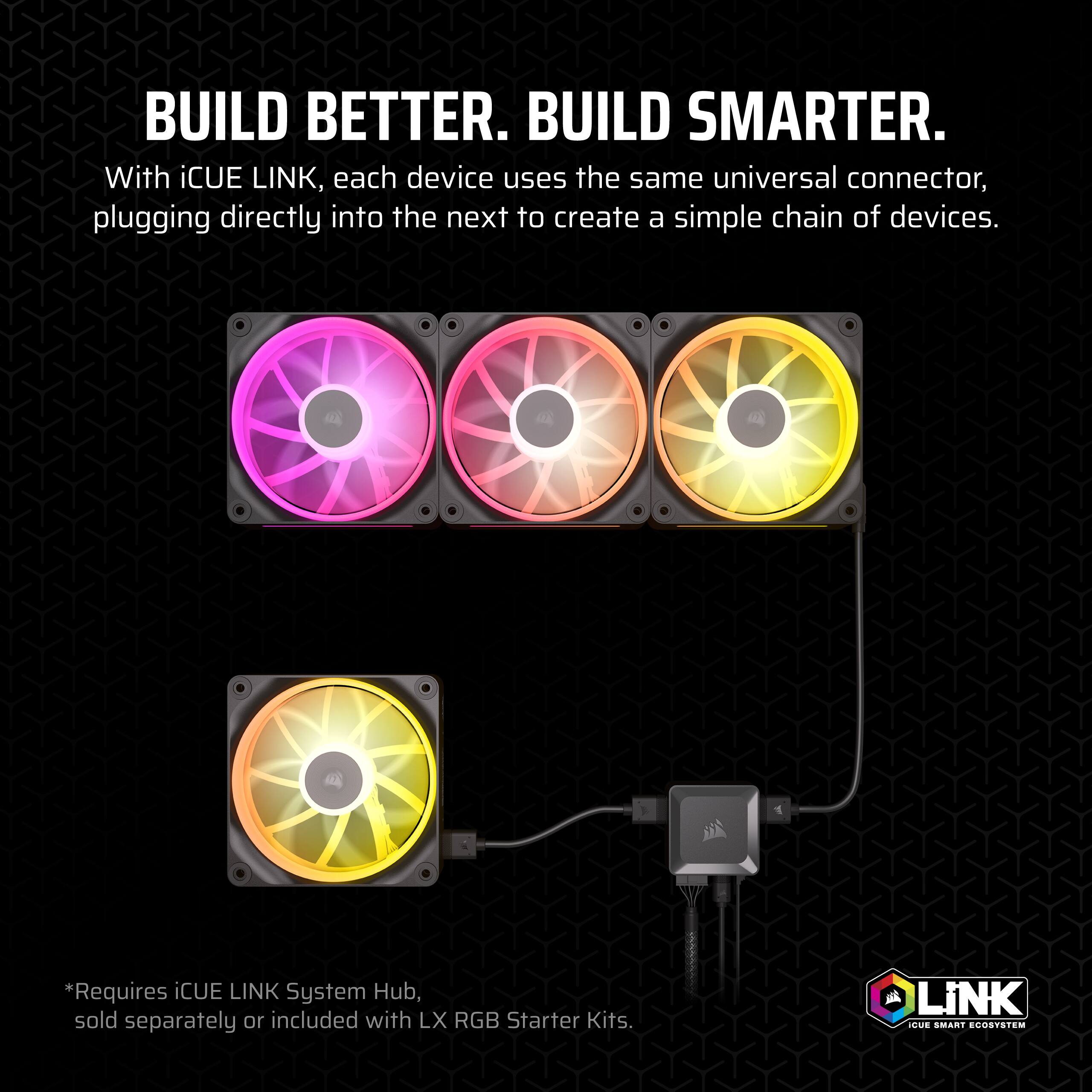 Build Better. Build Smarter. With iCUE Link, each device uses the same universal connector, plugging directly into the next to create a simple chain of devices. Requires iCUE Link System Hub, sold separately or included with LX RGB Starter Kits.