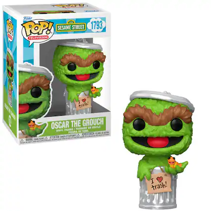 Sure, here is the corrected and grouped text from the image:
---
**Funko POP!**
**TELEVISION**
**SESAME STREET**
**1793**
**OSCAR THE GROUCH**
**VINYL FIGURE / FIGURINE EN VINYLE / FIGURA DE VINIL**
**WARNING: CHOKING HAZARD**
**ATTENTION: DANGER - ÉTOUFFEMENT**
**ADVERTENCIA: PEQUEÑO DE ASFIXIA**
**I ❤️ trash!**
---
This text is taken from the packaging and the figurine itself.