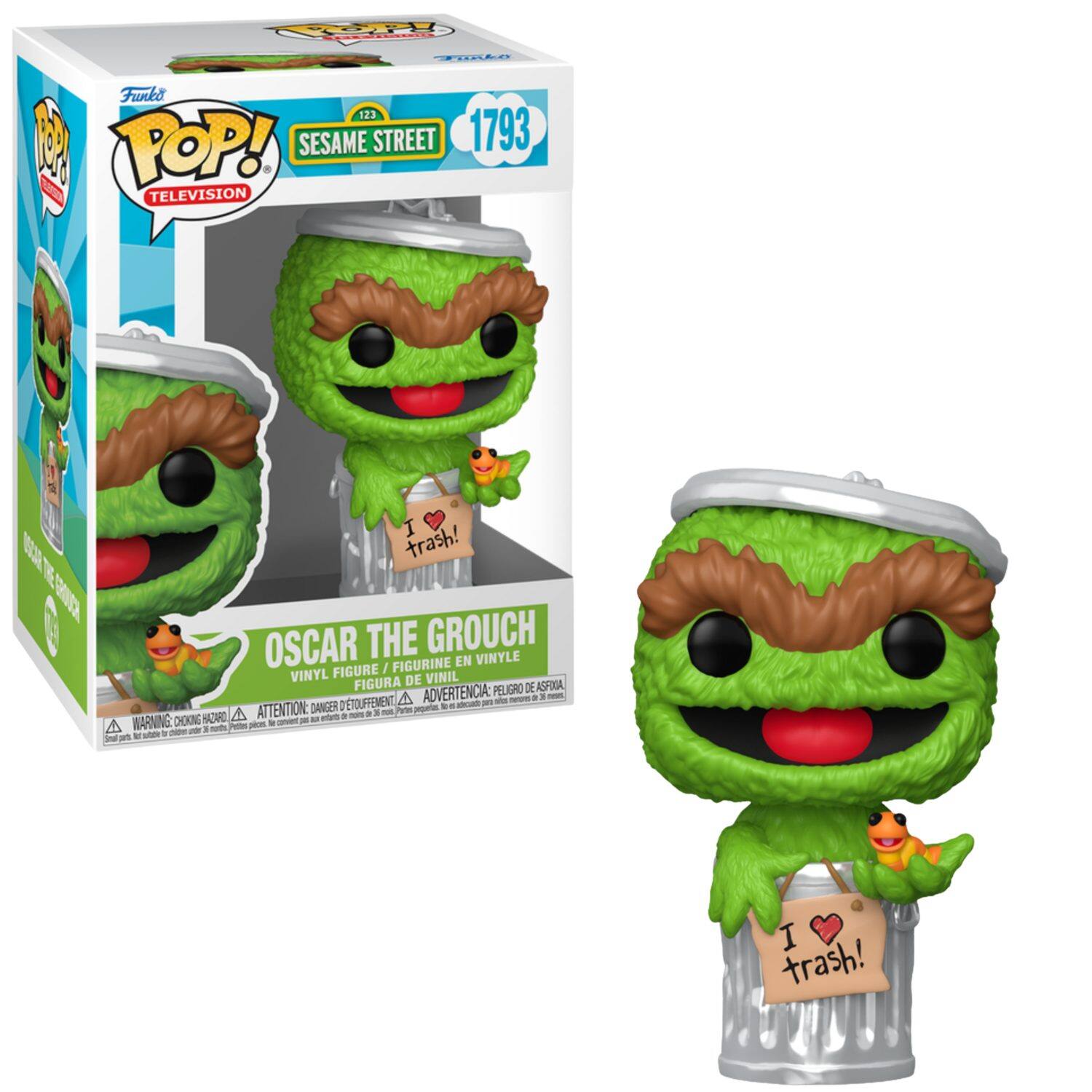 Sure, here is the corrected and grouped text from the image:

---

**Funko POP!**  
**TELEVISION**  
**SESAME STREET**  
**1793**

**OSCAR THE GROUCH**  
**VINYL FIGURE / FIGURINE EN VINYLE / FIGURA DE VINIL**

**WARNING: CHOKING HAZARD**  
**ATTENTION: DANGER - ÉTOUFFEMENT**  
**ADVERTENCIA: PEQUEÑO DE ASFIXIA**

**I ❤️ trash!**

---

This text is taken from the packaging and the figurine itself.