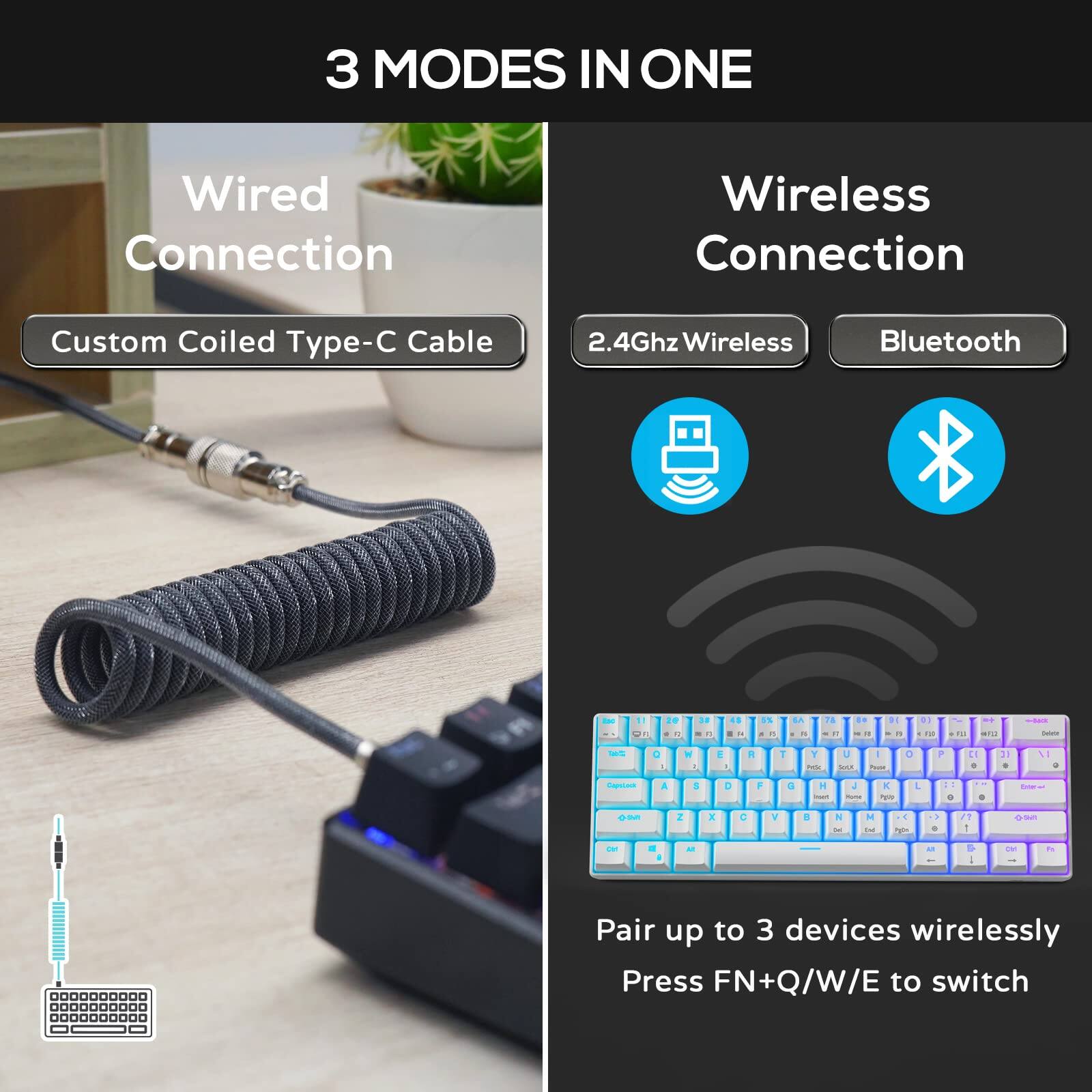 3 MODES IN ONE

Wired Connection
- Custom Coiled Type-C Cable

Wireless Connection
- 2.4Ghz Wireless
- Bluetooth

Pair up to 3 devices wirelessly
Press FN+Q/W/E to switch