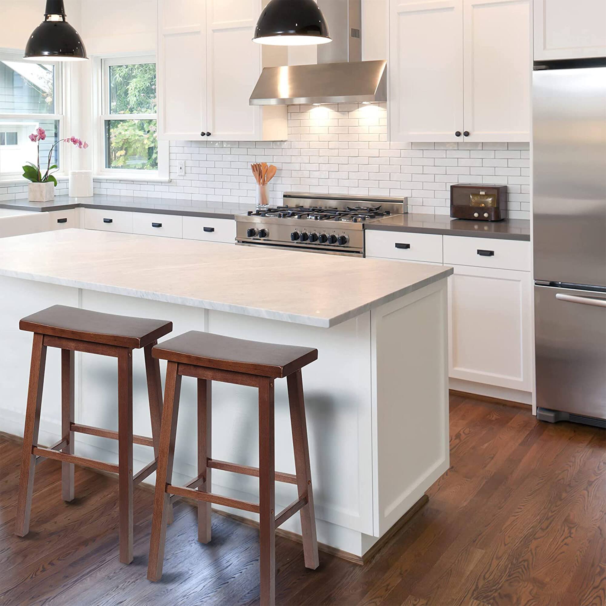 Alt View 10. PJ Wood - PJ Wood Classic Saddle-Seat 24" Tall Kitchen Counter Stools, Walnut, (Set of 2) - Walnut.