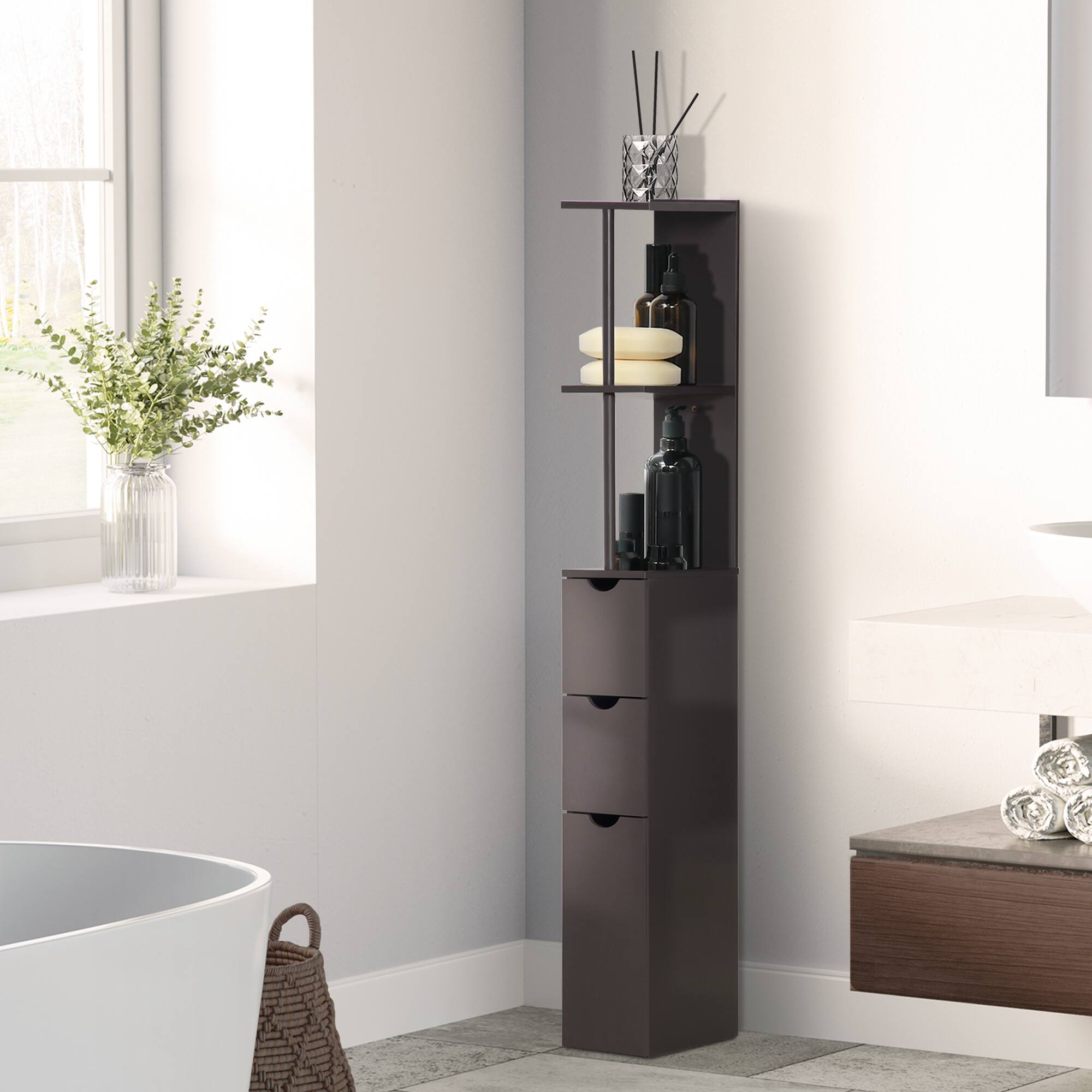 Alt View 1. Homcom - 54" Tall Bathroom Storage Cabinet, Freestanding Linen Tower with 2-Tier Shelf and Drawers - Brown.