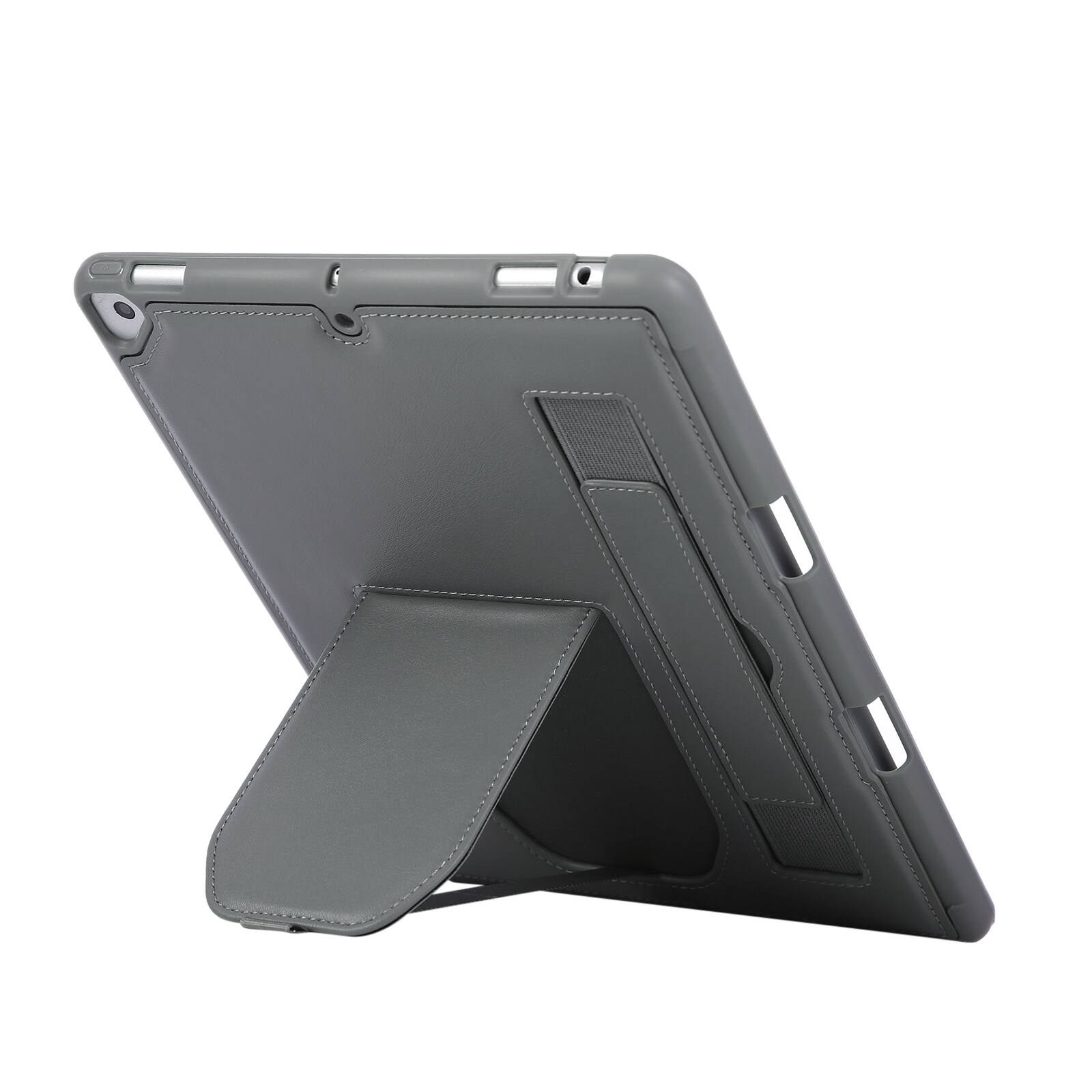 Back. UUCOVER - Case for iPad 9th 8th 7th Gen 10.2-inch (2021/2020/2019) Shockproof PU Leather Hand Strap Kickstand Pencil Holder Cover - Gray.