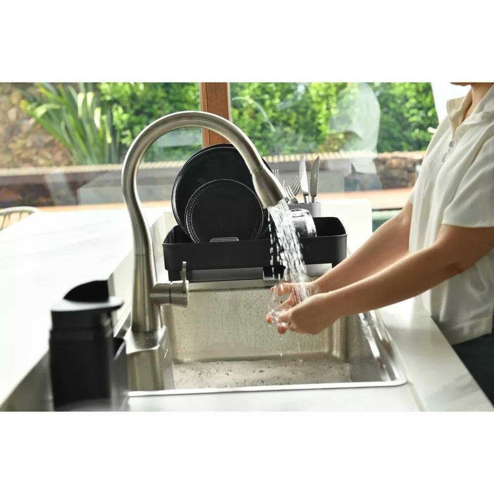 Alt View 3. OU - Sink Organizer Set, Compact Dish Rack with Drain Spout & 19 oz Soap Dispenser with Sponge Holder - Black.
