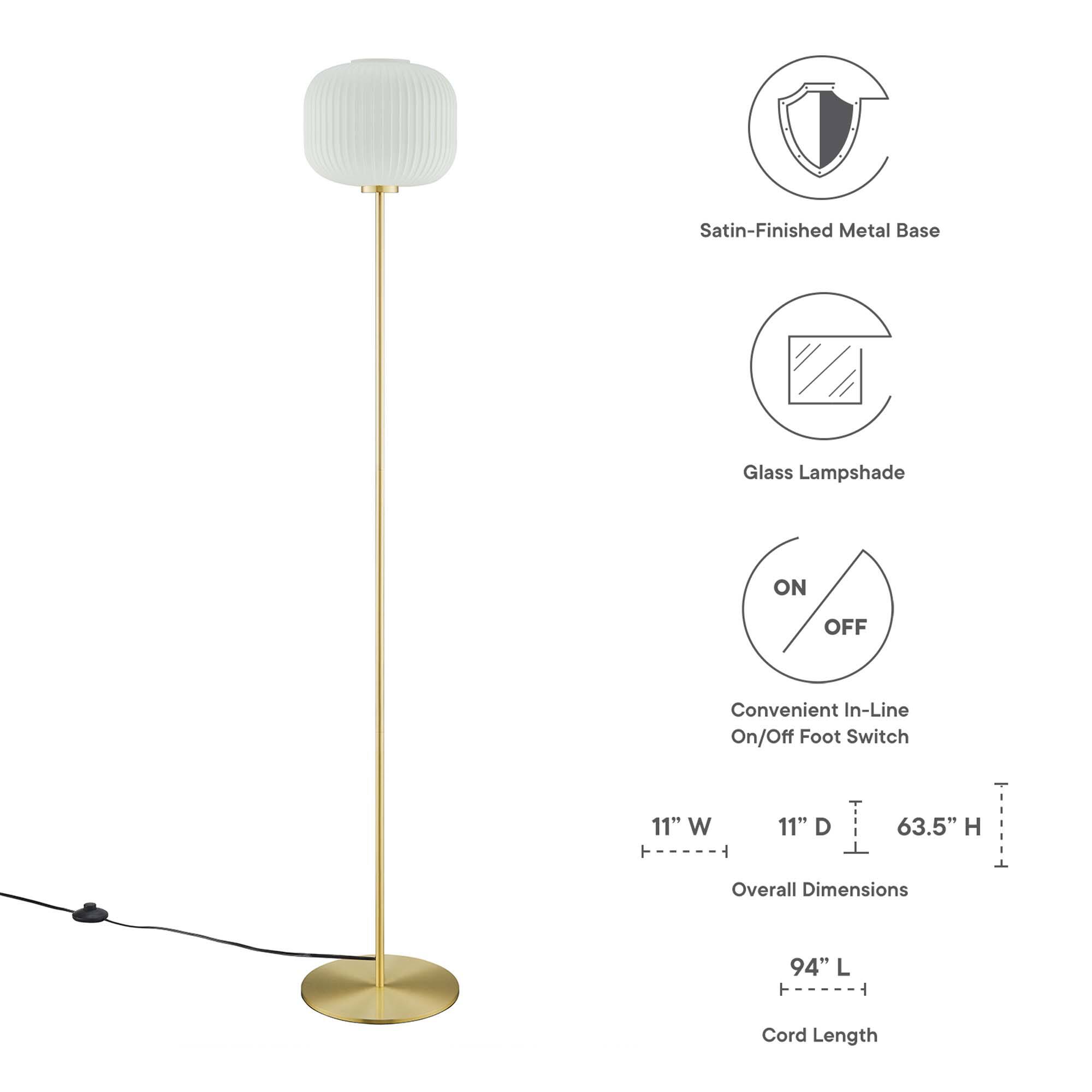Satin-Finished Metal Base  
Glass Lampshade  
Convenient In-Line On/Off Foot Switch  

Overall Dimensions:  
11" W x 11" D x 63.5" H  

Cord Length: 94" L