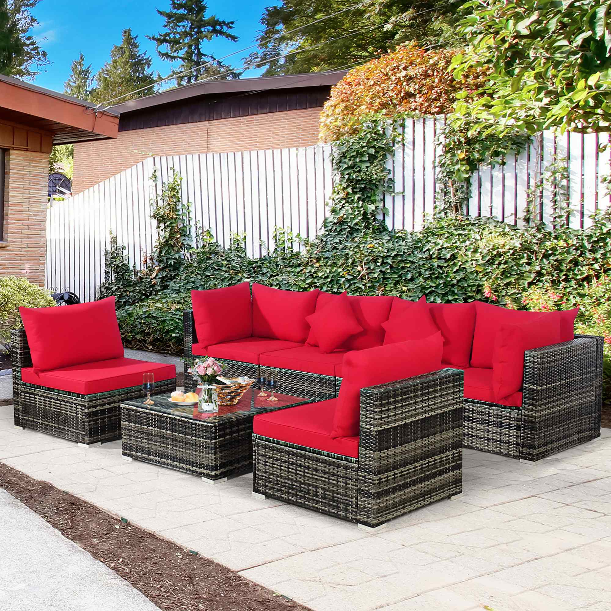 Alt View 3. Costway - 7PCS Patio Rattan Furniture Set Sectional Sofa Garden Cushion - Red.