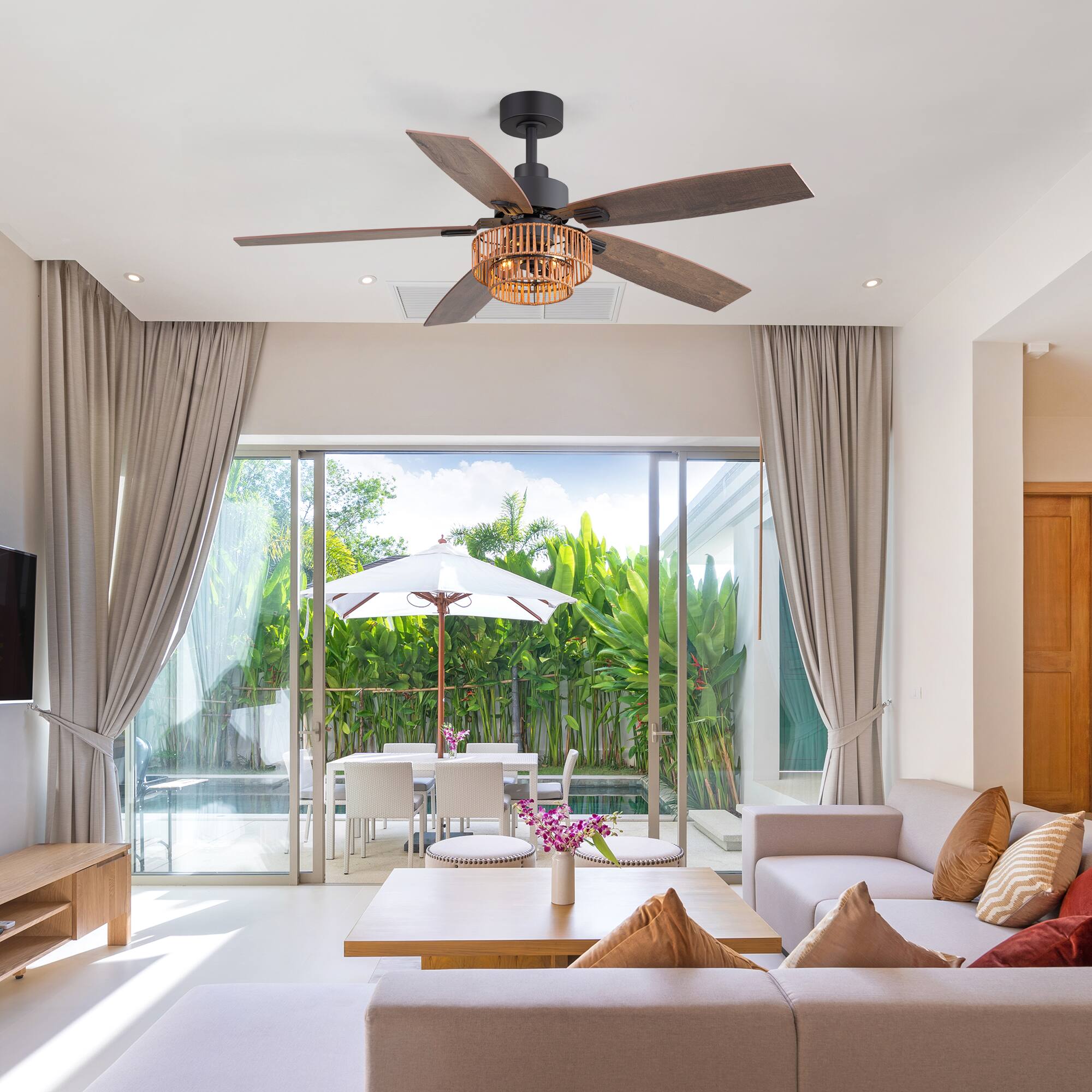 Alt View 2. Breezary - Breezary 52-in Ceiling Fan with Two-Tier Rattan Basket Shade, Dual-finish blades, Timer, DC Motor, Remote & 6″ Downrod - Black and Deep Walnut.