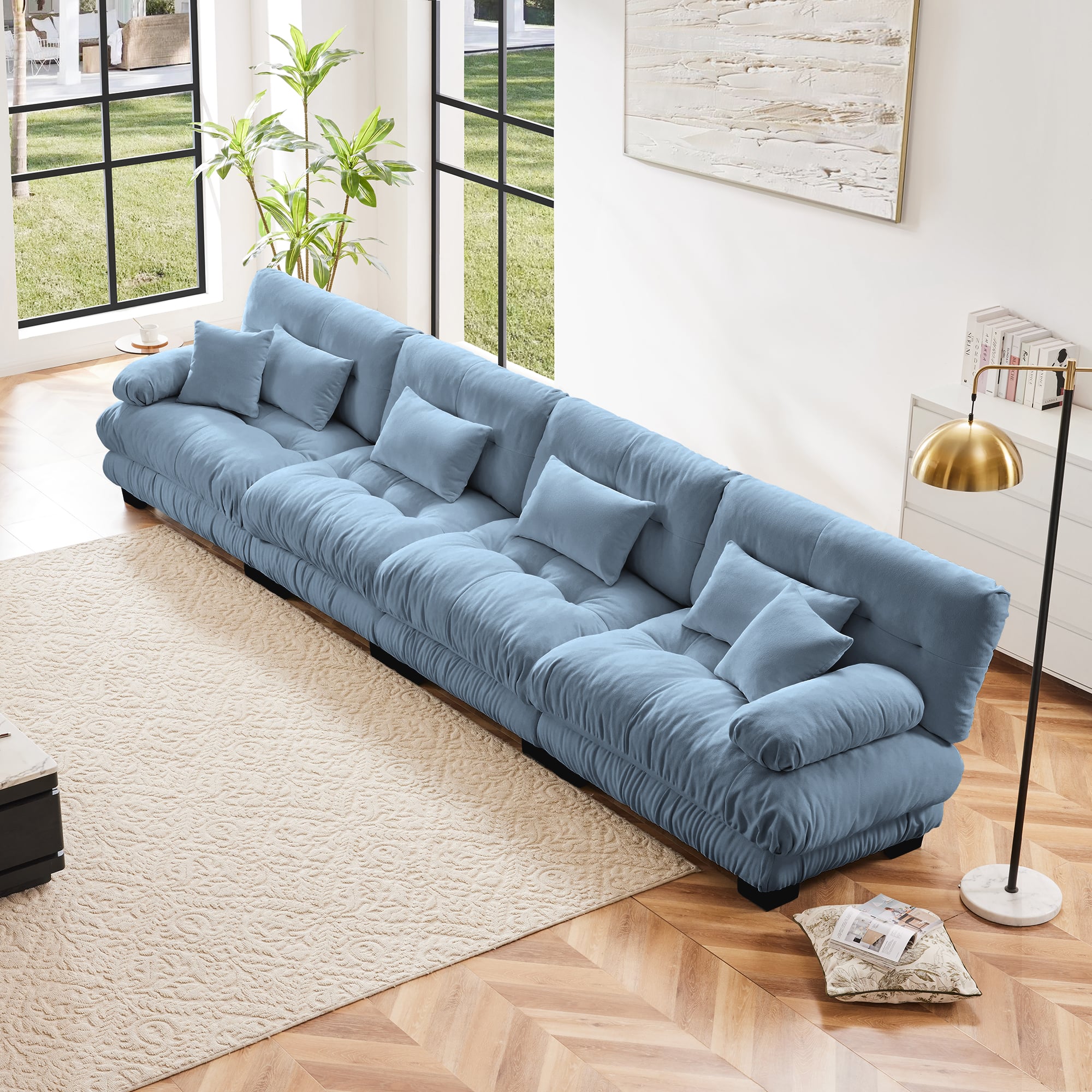 DOMETOUR - 4-Seater Sectional Sofa Modular Deep Seat Sofa Couch , Chenille Sofa Comfy Upholstered Sofa for Living Room, Apartment - Chenille Blue
