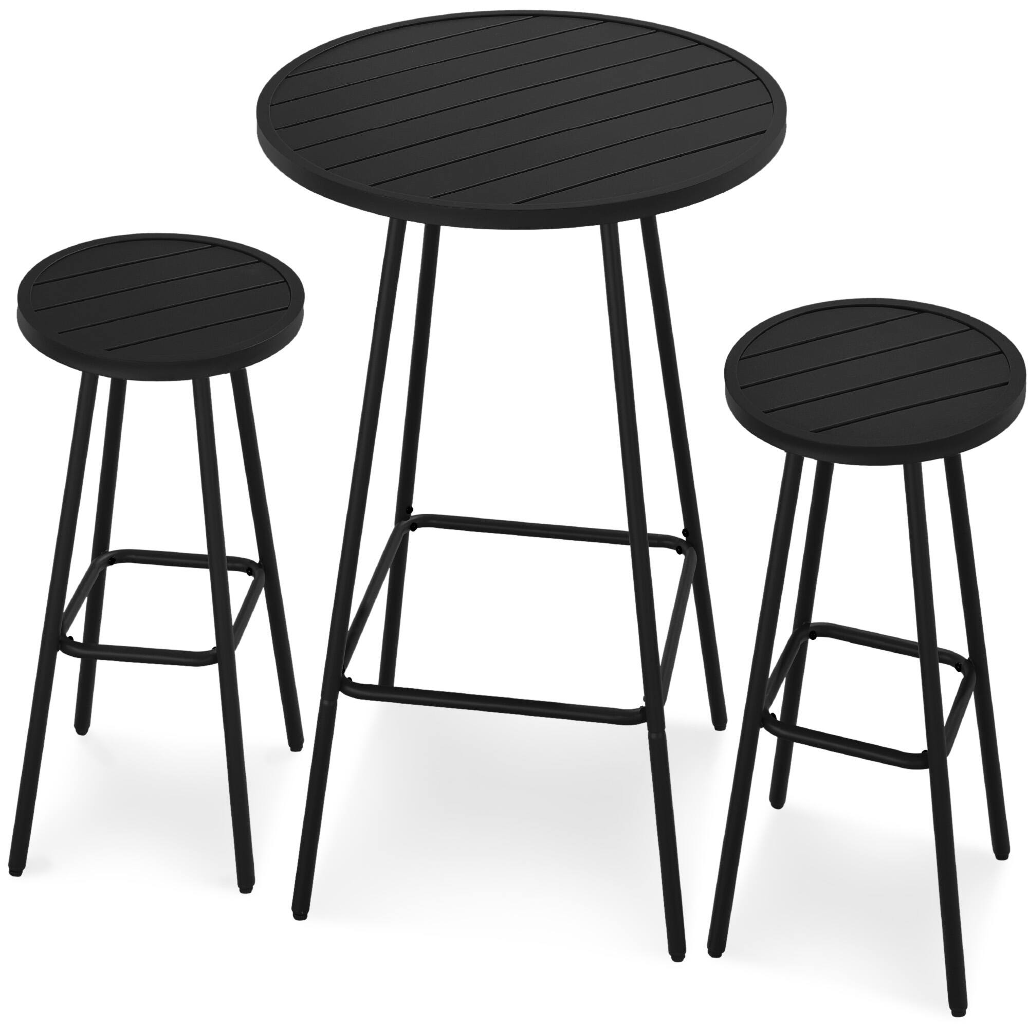 Best Choice Products - 3-Piece Steel Patio Bar Height Round Bistro Set w/ Backless Stools, Slatted Design - Black