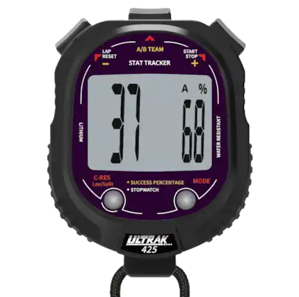 LAP RESET A/B TEAM STAT TRACKER START STOP + A % LITHIUM RESISTANT WATER C-RES Lap/Split SUCCESS PERCENTAGE MODE STOPWATCH ULTRAK 425