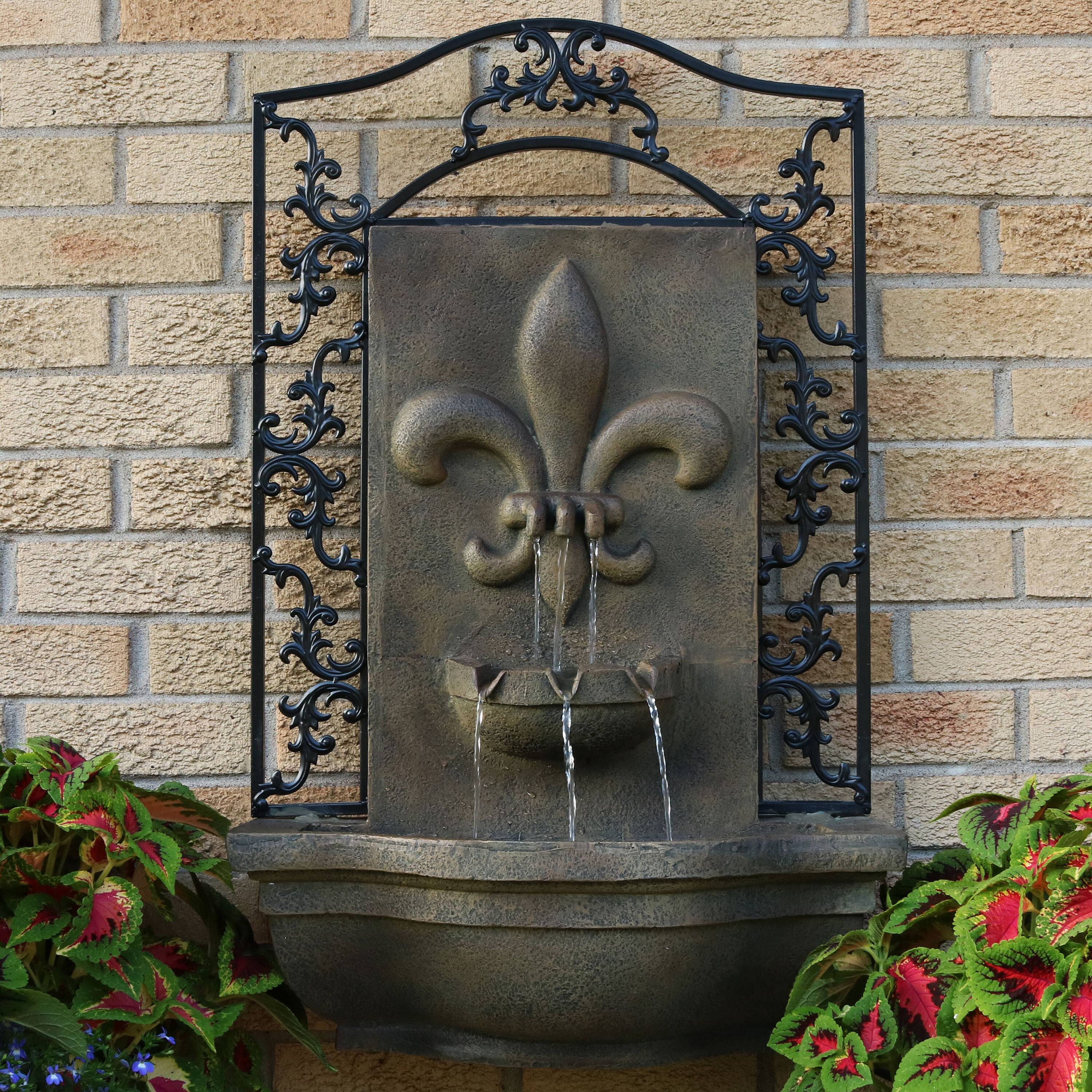 Alt View 2. Sunnydaze - French Lily Polystone Outdoor Solar Wall Fountain - Florentine Stone.