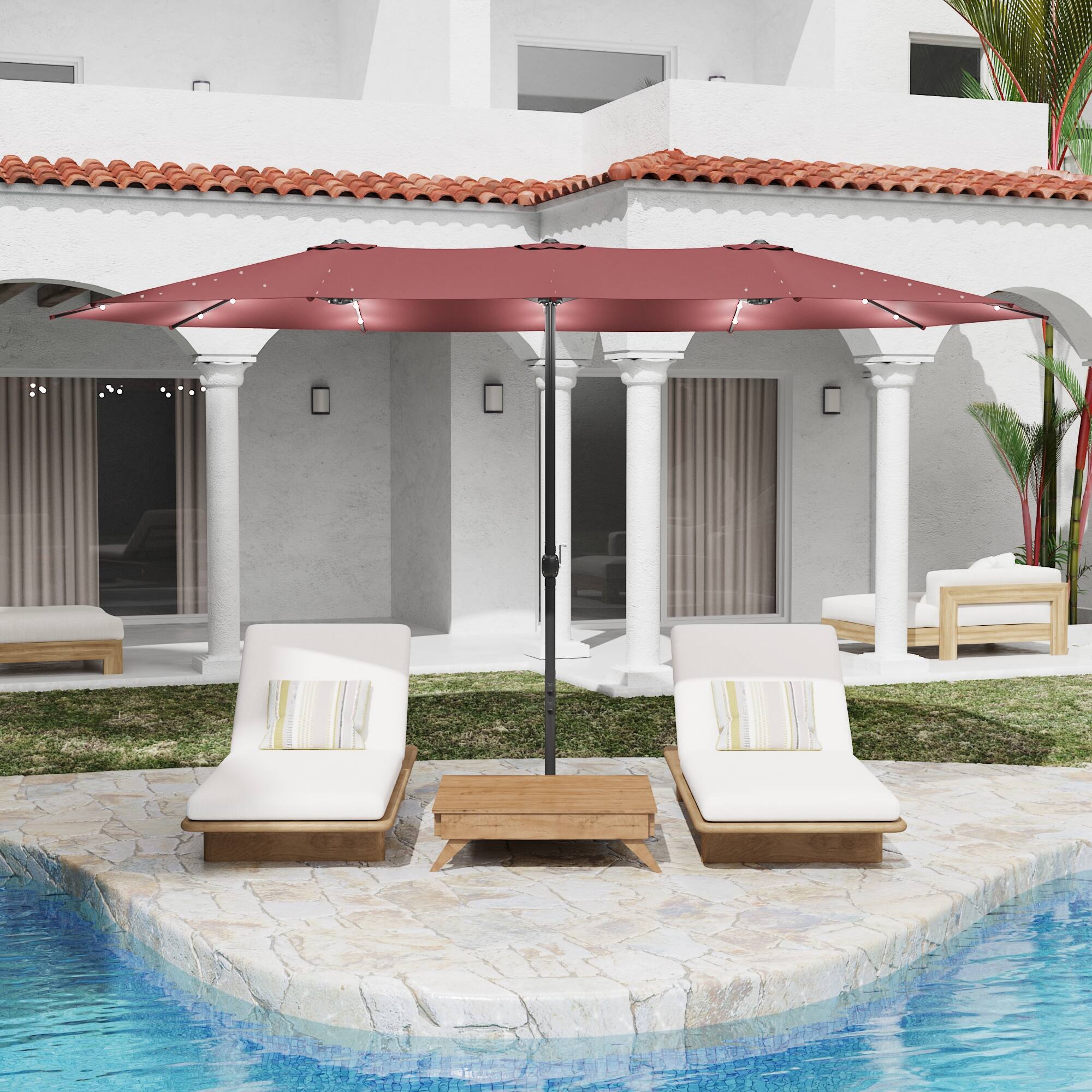 Angle. Famapy - Large Rectangular Outdoor Patio Umbrella with Integrated Edge LED Lights Day-to-Night Shade Multiple Colors - Burgundy.