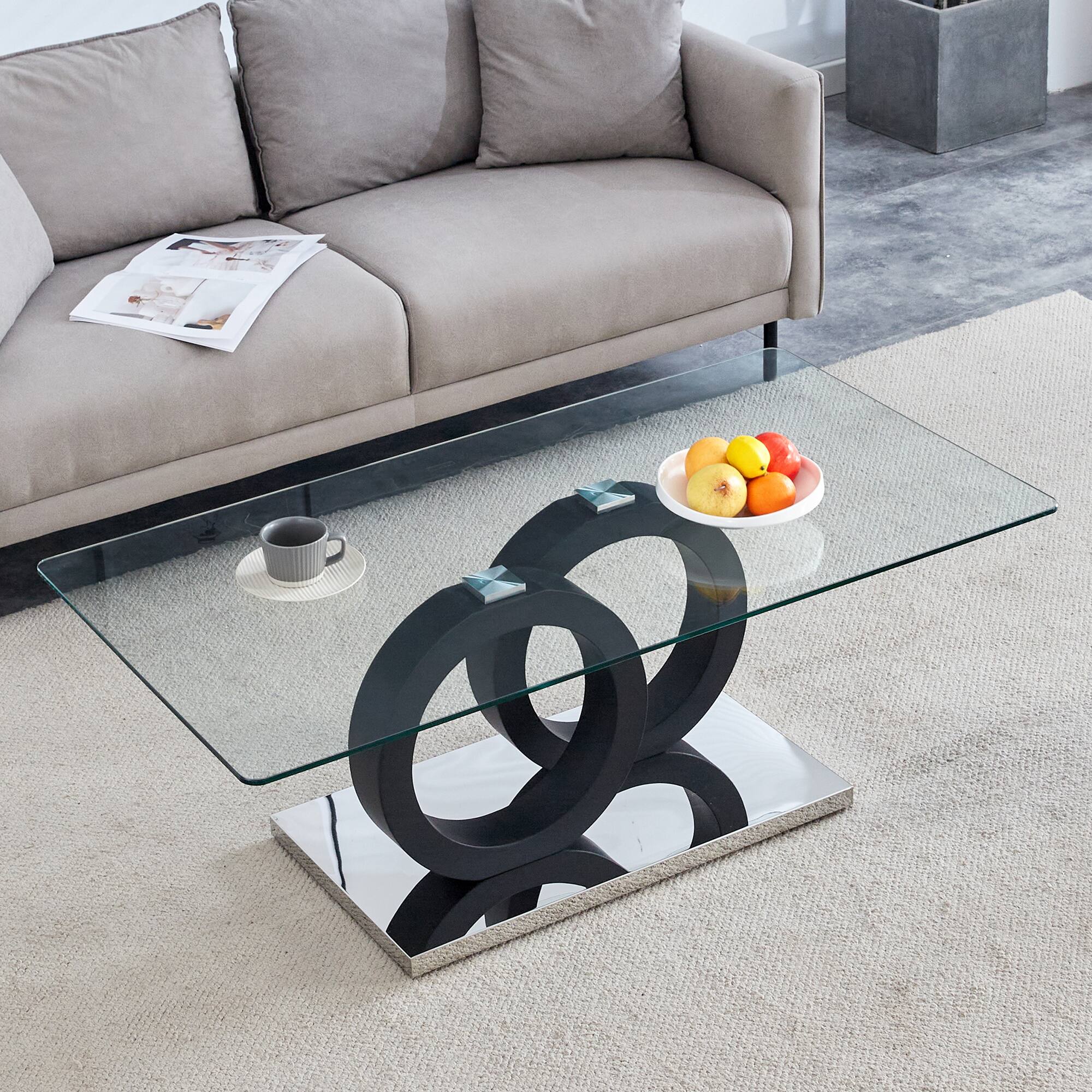 Angle. Loheer - Loheer- Modern Glass Top Coffee Table Black MDF Base Contemporary Living Room Center Table 3.9x2.1x1.5 Ft - Black.