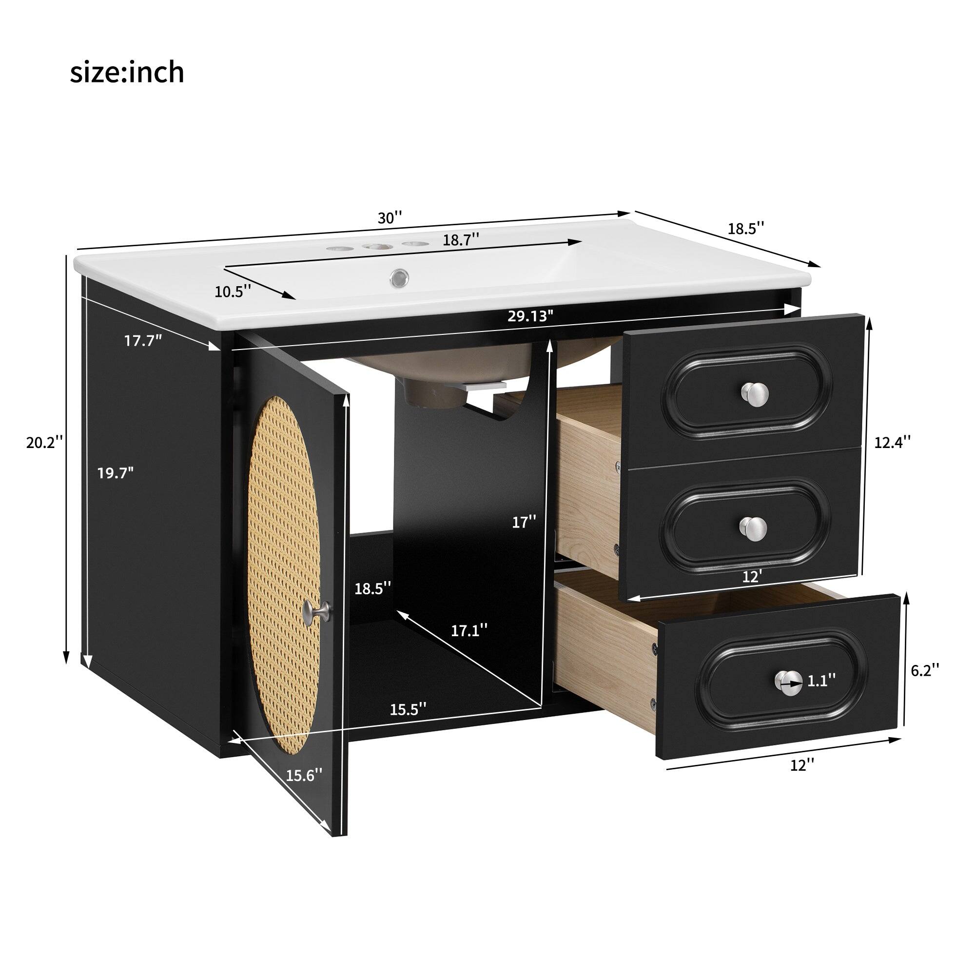 size: inch  
30" h  
18.7"  
18.5"  
17.7"  
10.5"  
29.13"  
20.2"  
12.4"  
19.7"  
17"  
18.5"  
12"  
15.5"  
17.1"  
C  
1.1"  
6.2"  
15.6"  
12"