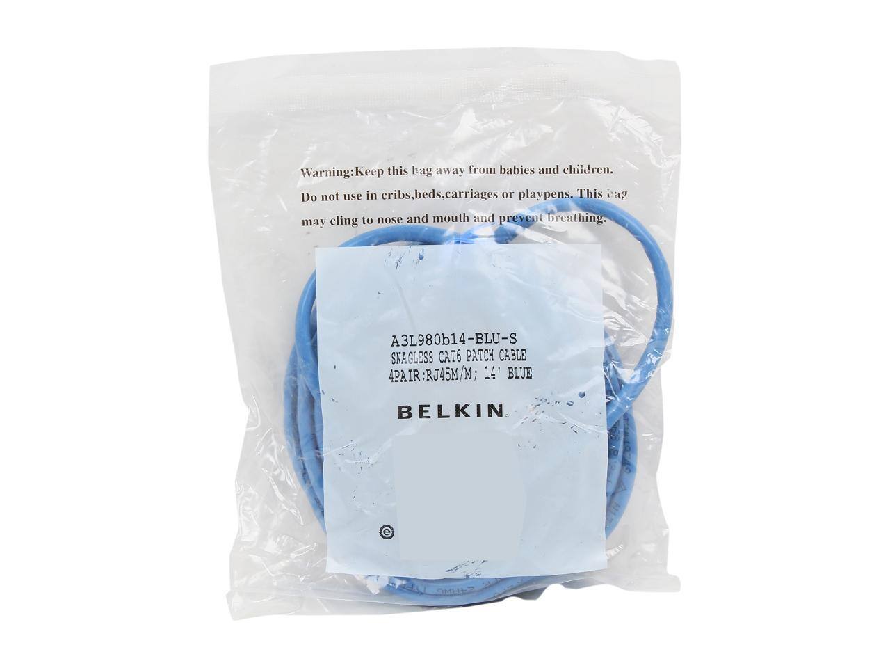 Warning: Keep this bag away from babies and children. Do not use in cribs, beds, carriages or playpens. This bag may cling to nose and mouth and prevent breathing.  
A3L980b14-BLU-S  
SNAGLESS CAT6 PATCH CABLE 4PAIR RJ45M/M 14' BLUE  
BELKIN