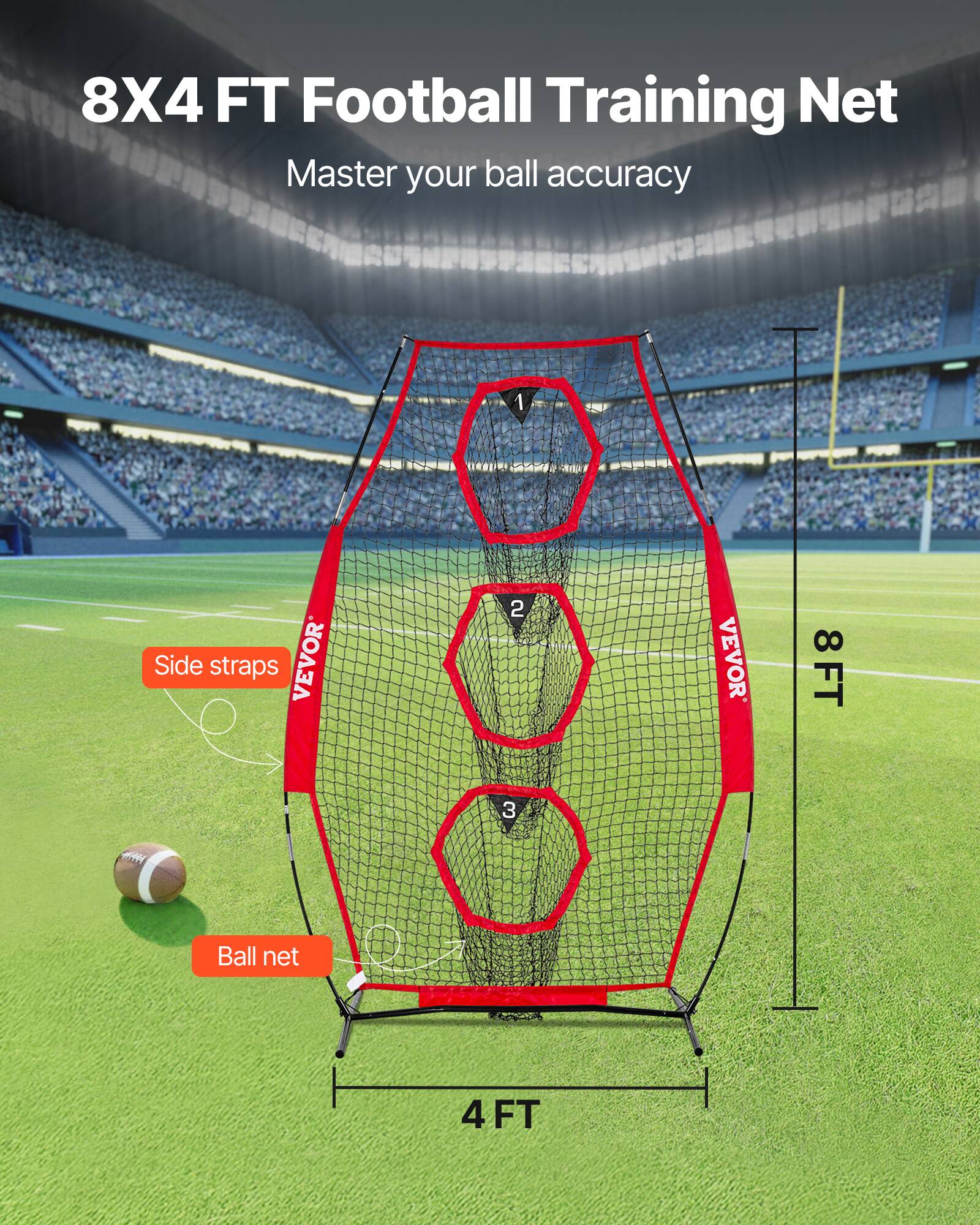 8X4 FT Football Training Net  
Master your ball accuracy  

1. Side straps  
2. VEVOR  
3. Ball net  
4. 8 FT  
5. 4 FT