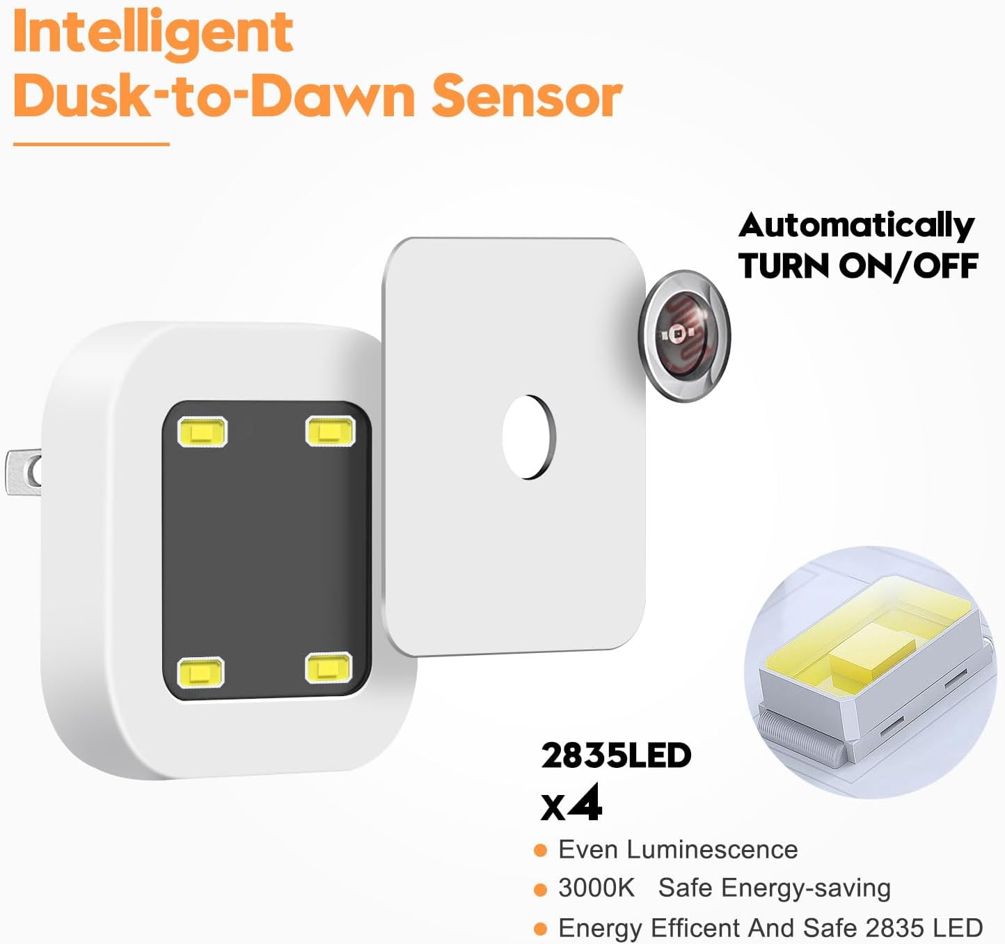 Intelligent Dusk-to-Dawn Sensor Automatically TURN ON/OFF  
2835LED x4  
Even Luminescence  
3000K Safe Energy-saving  
Energy Efficient And Safe 2835 LED