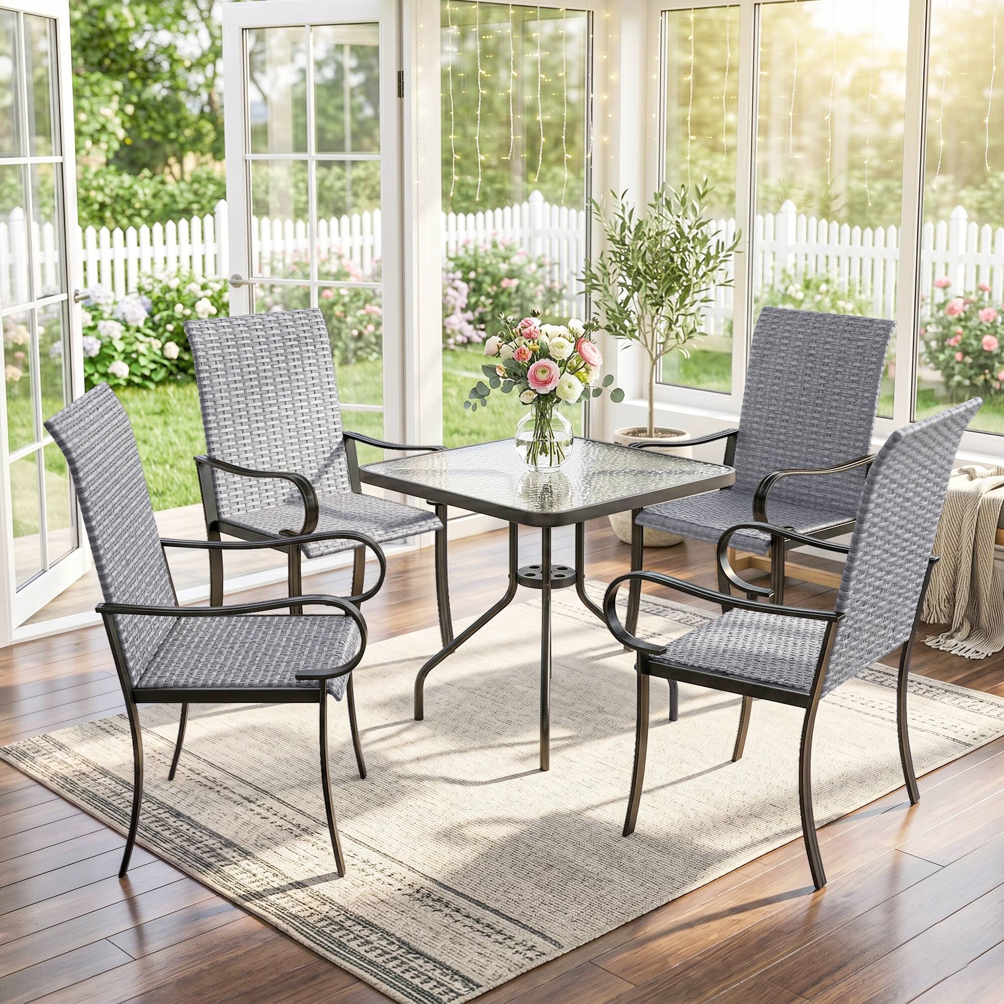 Alt View 6. Outsunny - Set of 4 Outdoor Wicker Dining Chairs with Armrest, Steel Frame - Gray.