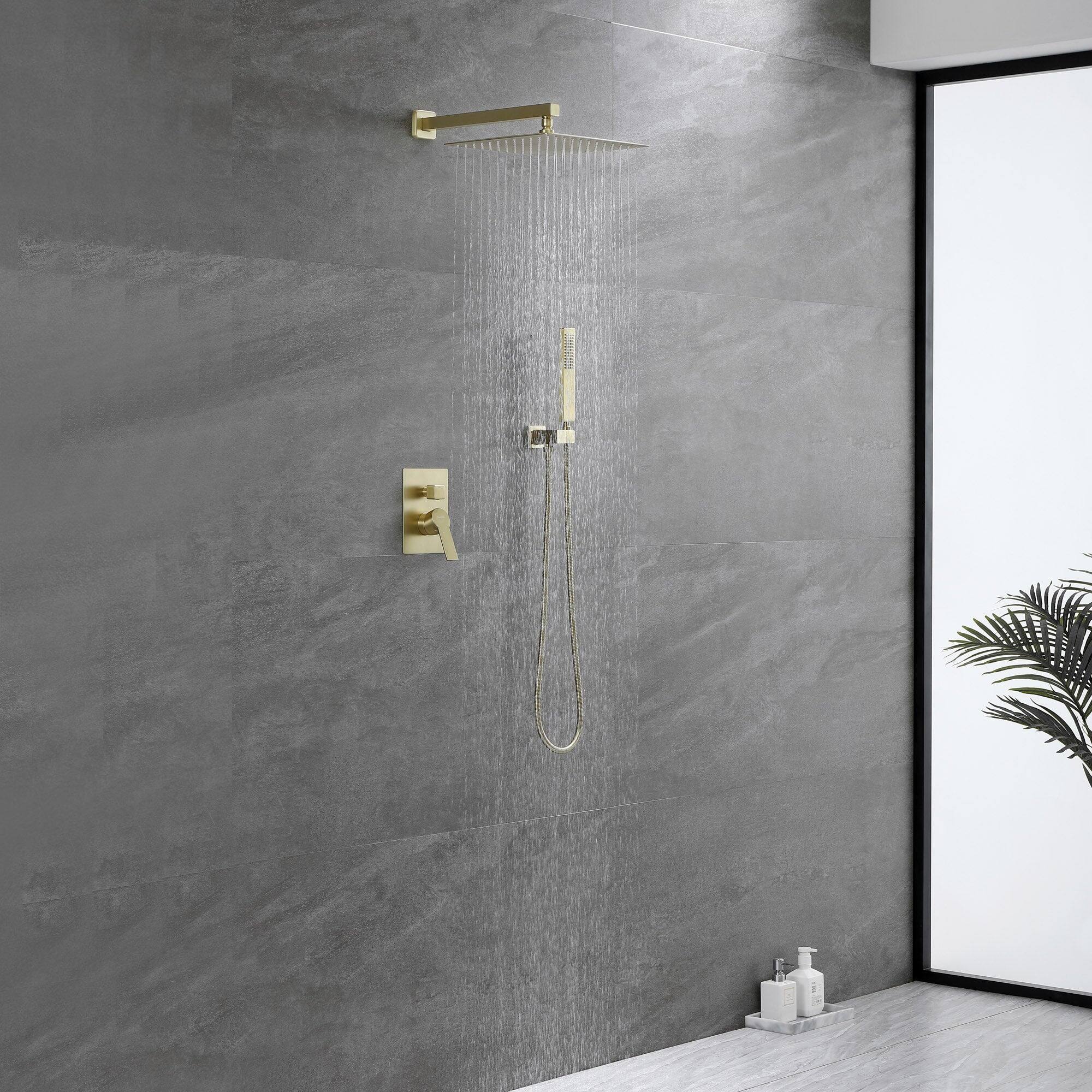 Back. Boyel Living - 1-Spray Patterns with 2.5 GPM 12 in. Wall Mount Dual Shower Heads with Pressure Balance Valve in Brushed Gold - Brushed Gold.