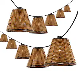 Jonathan Y - Payton 10-Light Indoor/Outdoor 10 ft. Classic Cottage LED G40 Faux-Rattan Shaded String Lights - Brown
