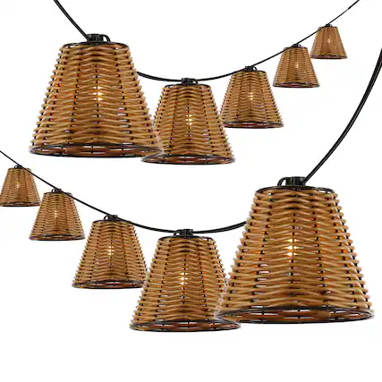 Front. Jonathan Y - Payton 10-Light Indoor/Outdoor 10 ft. Classic Cottage LED G40 Faux-Rattan Shaded String Lights, Brown - Brown.