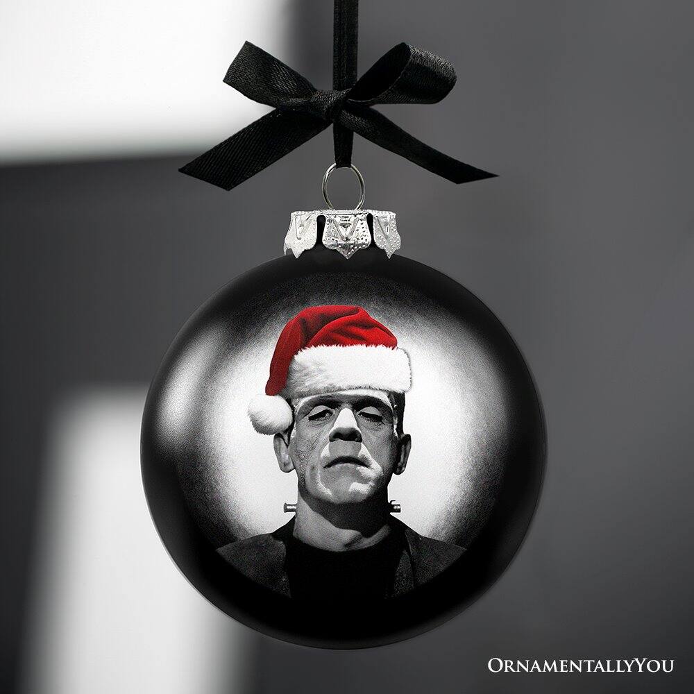 Back. OrnamentallyYou - Frankenstein Christmas Spooky Portrait Glass Ornament Black Horror Halloween Tree Decoration - Multi-colored.