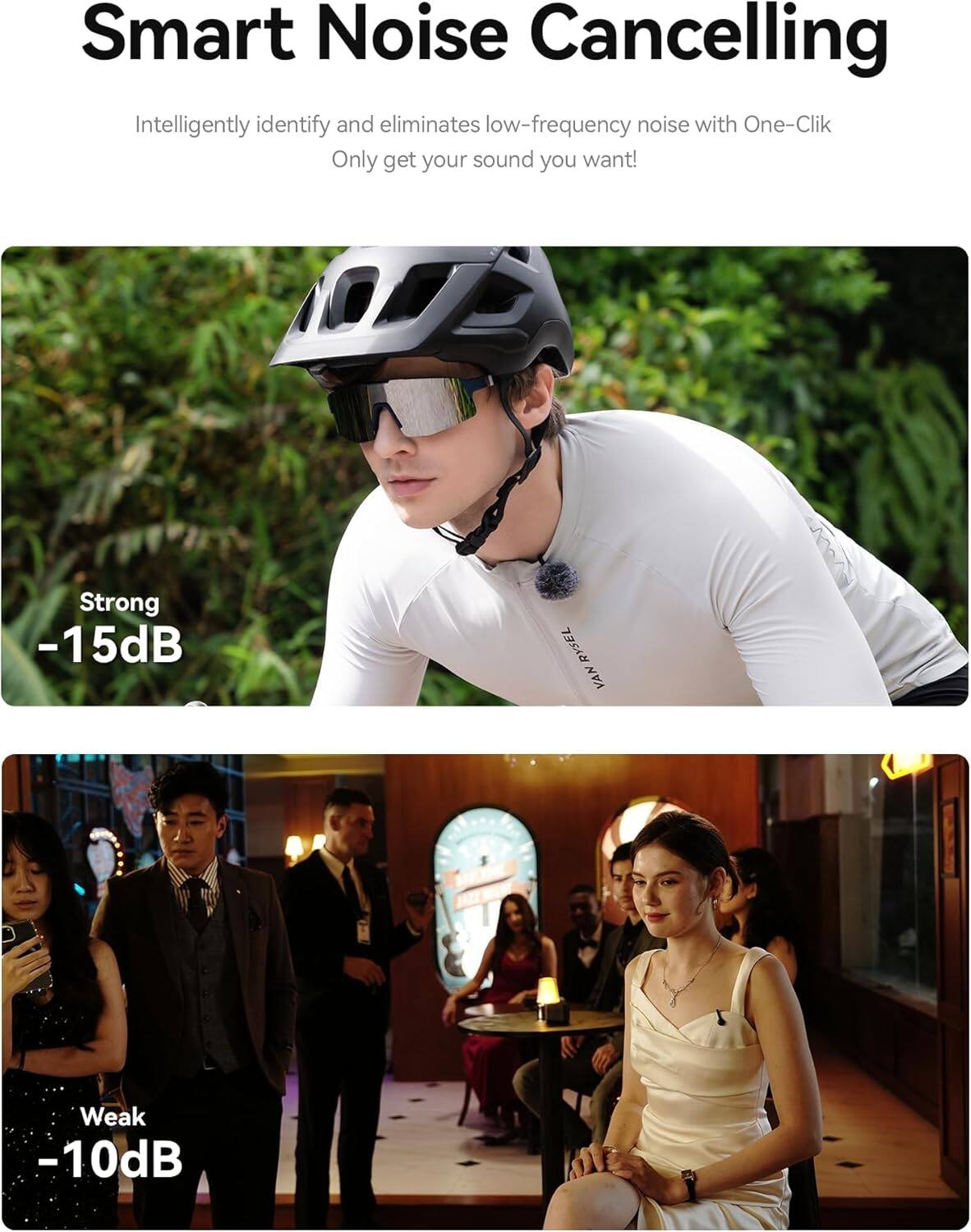Smart Noise Cancelling

Intelligently identify and eliminates low-frequency noise with One-Click  
Only get your sound you want!

Strong  
-15dB

Weak  
-10dB