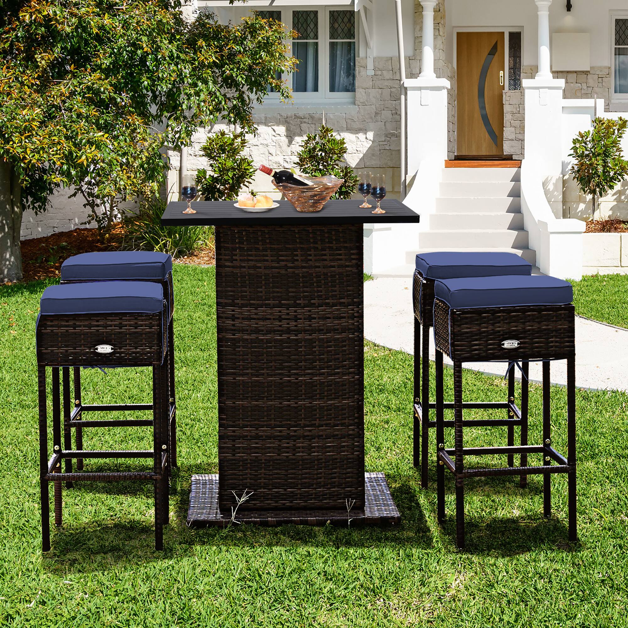 Costway - 5PCS Patio Rattan Bar Table Stool Set Hidden Storage Shelf Cushioned - Navy