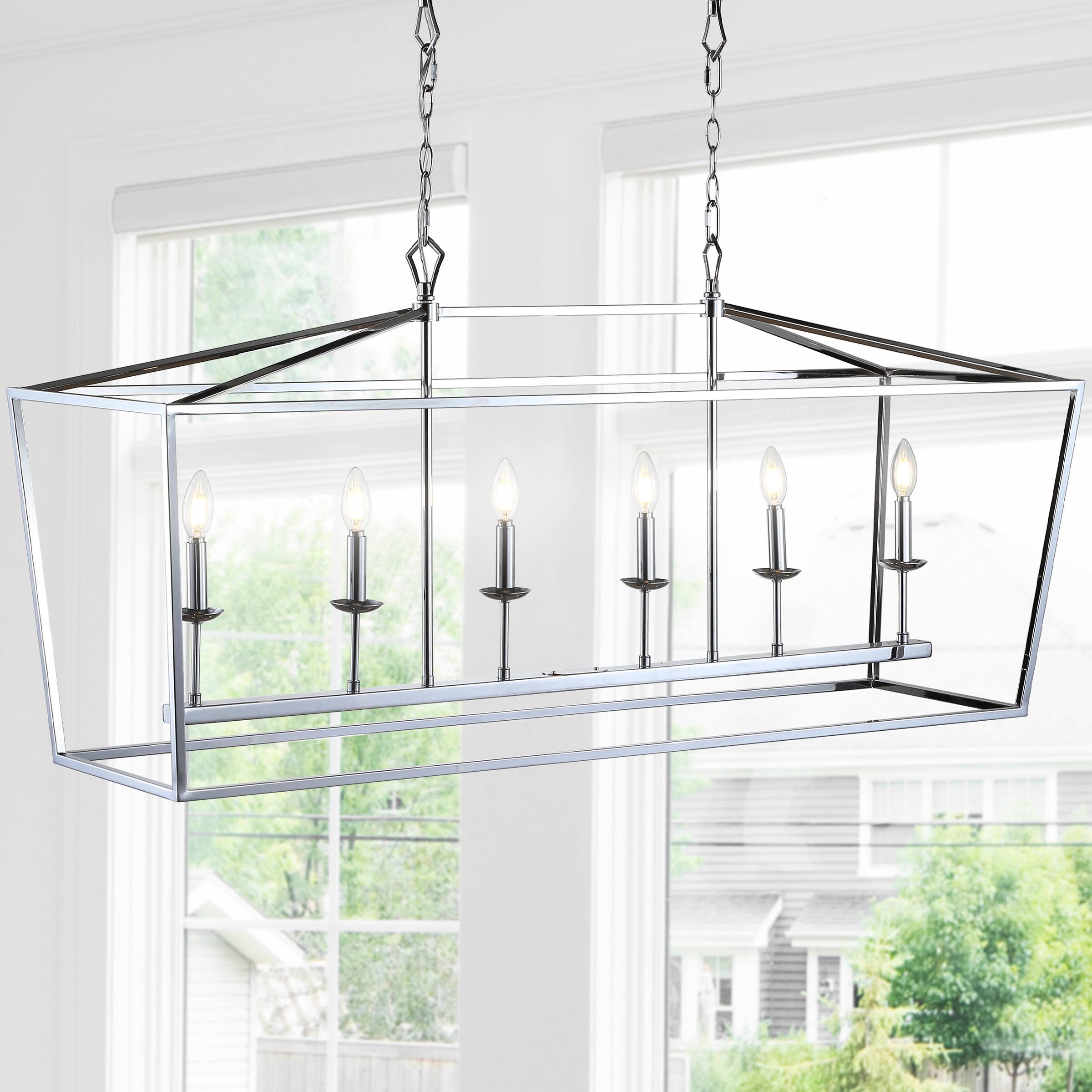 Alt View 1. Jonathan Y - Pagoda 49" 6-Light Classic Traditional Metal Linear Cage Lantern LED Pendant, Chrome - Chrome.