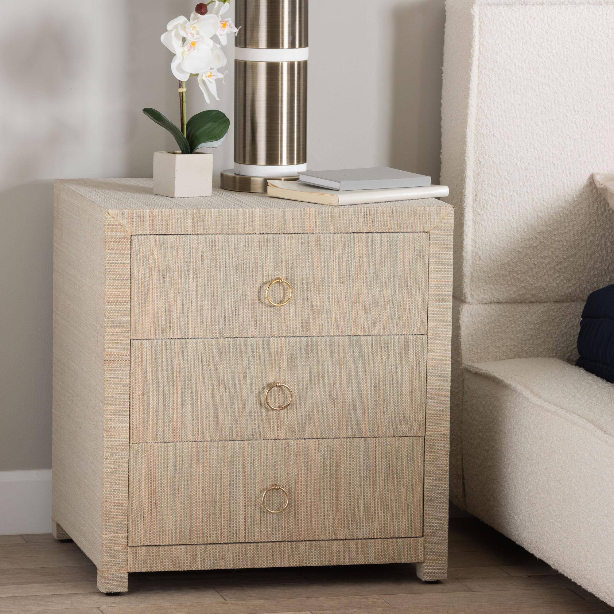 Alt View 5. bali & pari - Quinn Bohemian Woven Natural Grasscloth 3-Drawer Nightstand - Natural/Gold.